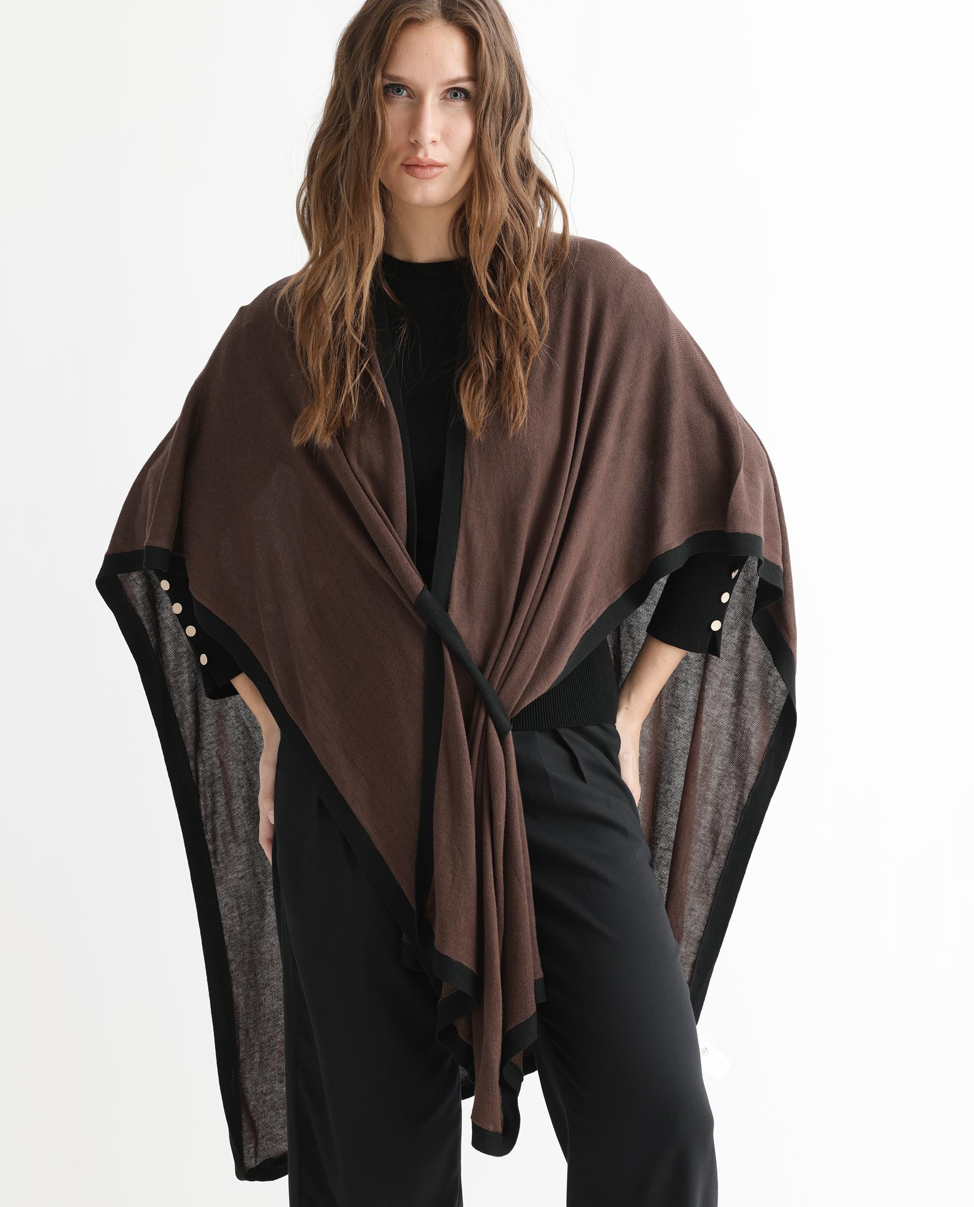 Rareism Women's Display Brown Viscose Collarless Plain Cape Sleeve Relaxed Fit Sweater