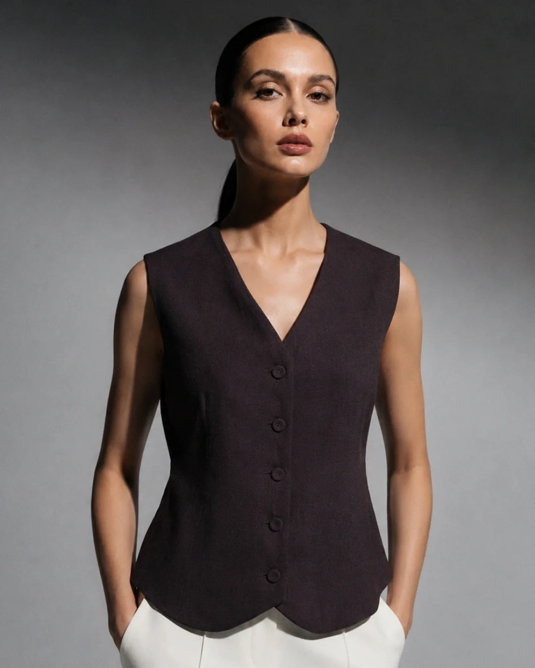 Rareism Women's Diva Brown Viscose Blend V-Neck Button Regular Plain Waist Coat