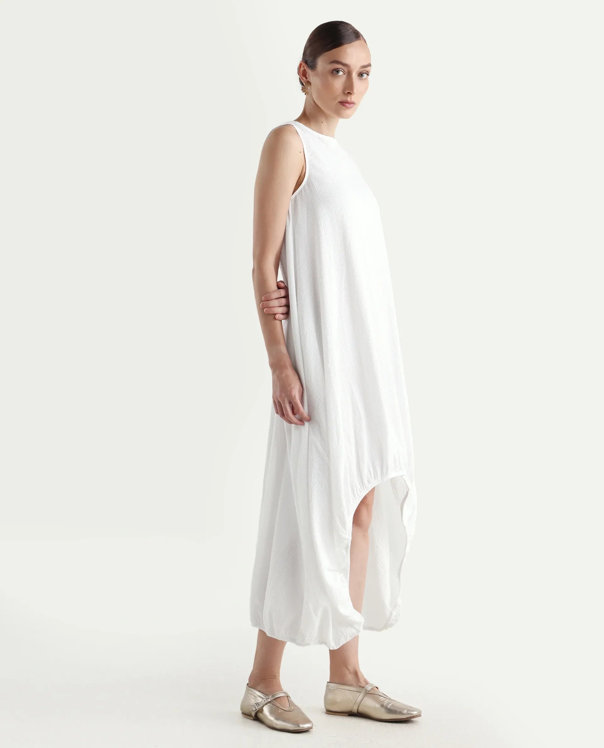 Rareism Women's Divan White Cotton Crew Neck Plain Sleeveless Midi Balloon Dress