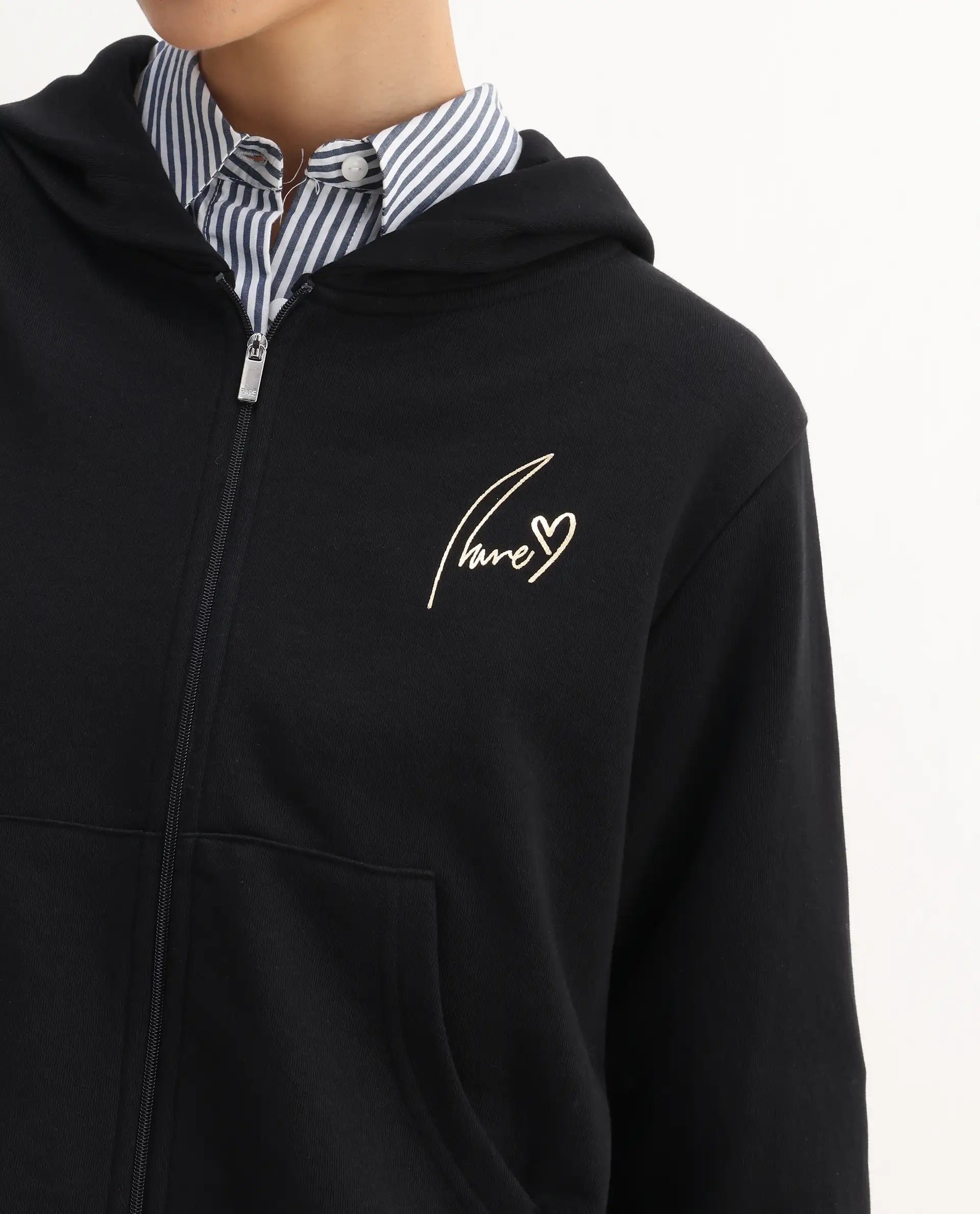 Rareism Women's Div Black Cotton Blend Hooded Regular Fit Printed Sweatshirt