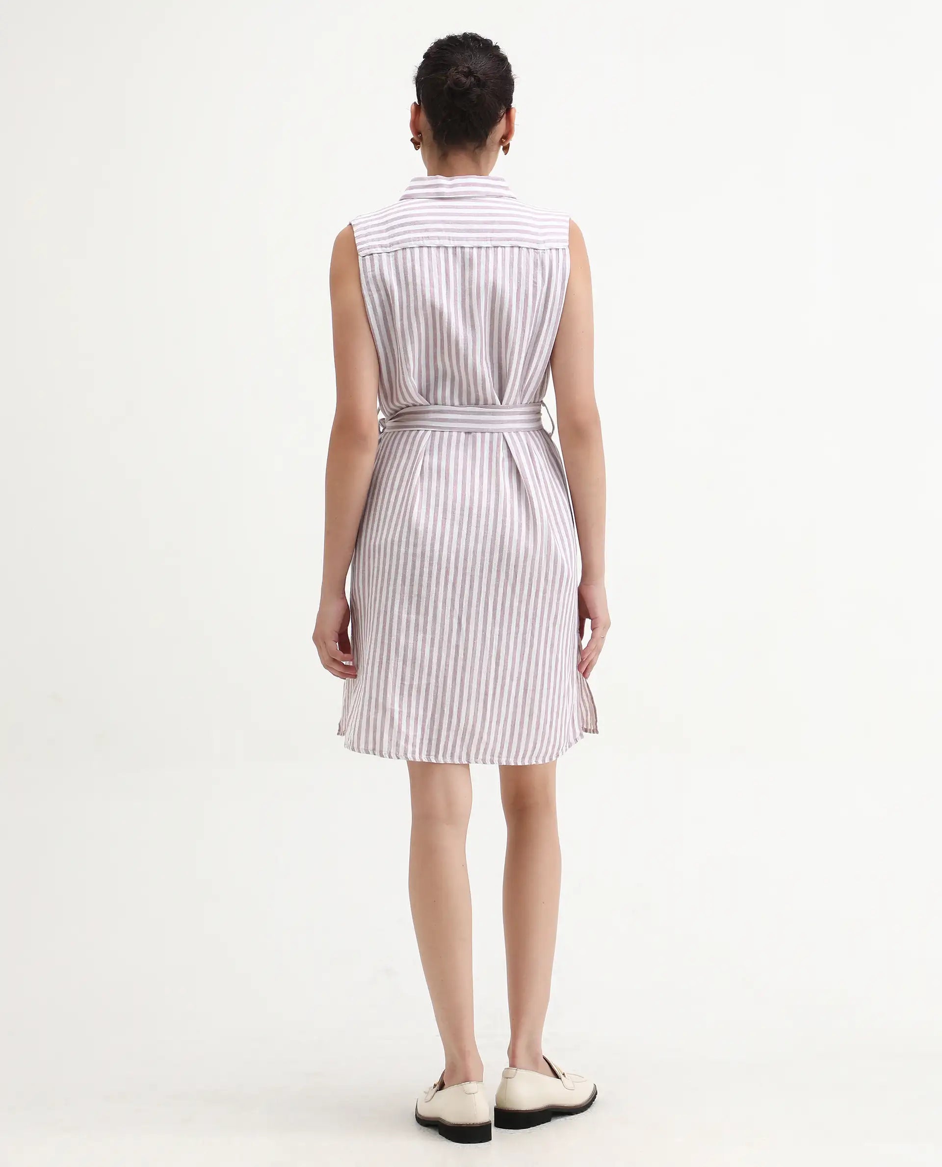 Rareism Women's Divz Purple Linen Spread Collar Striped Sleeveless Knee Length Regular Fit Dress