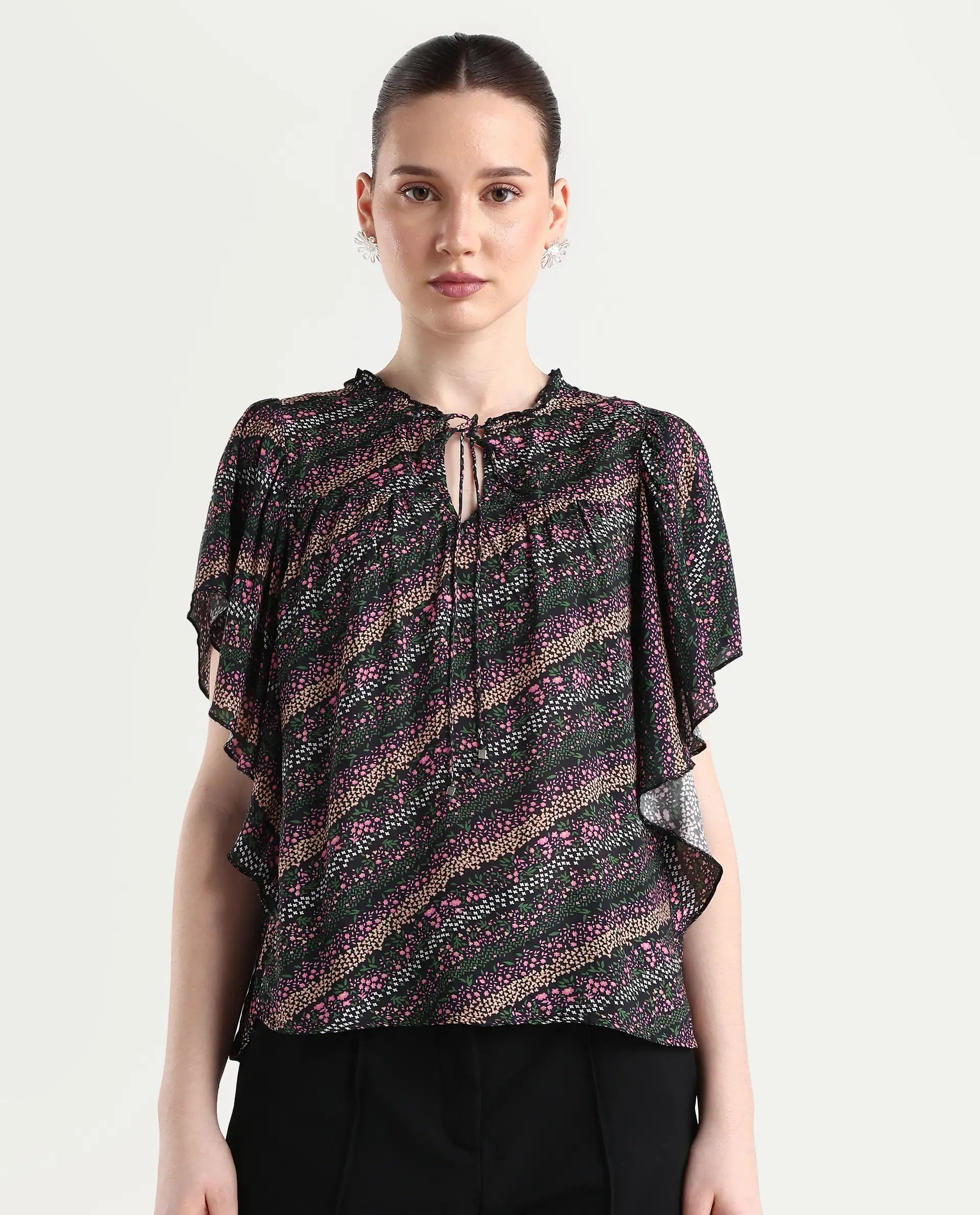 Rareism Women's Doc Black Cotton Blend Tie-Up Neck Floral Print Extended Sleeves Relaxed Fit Top