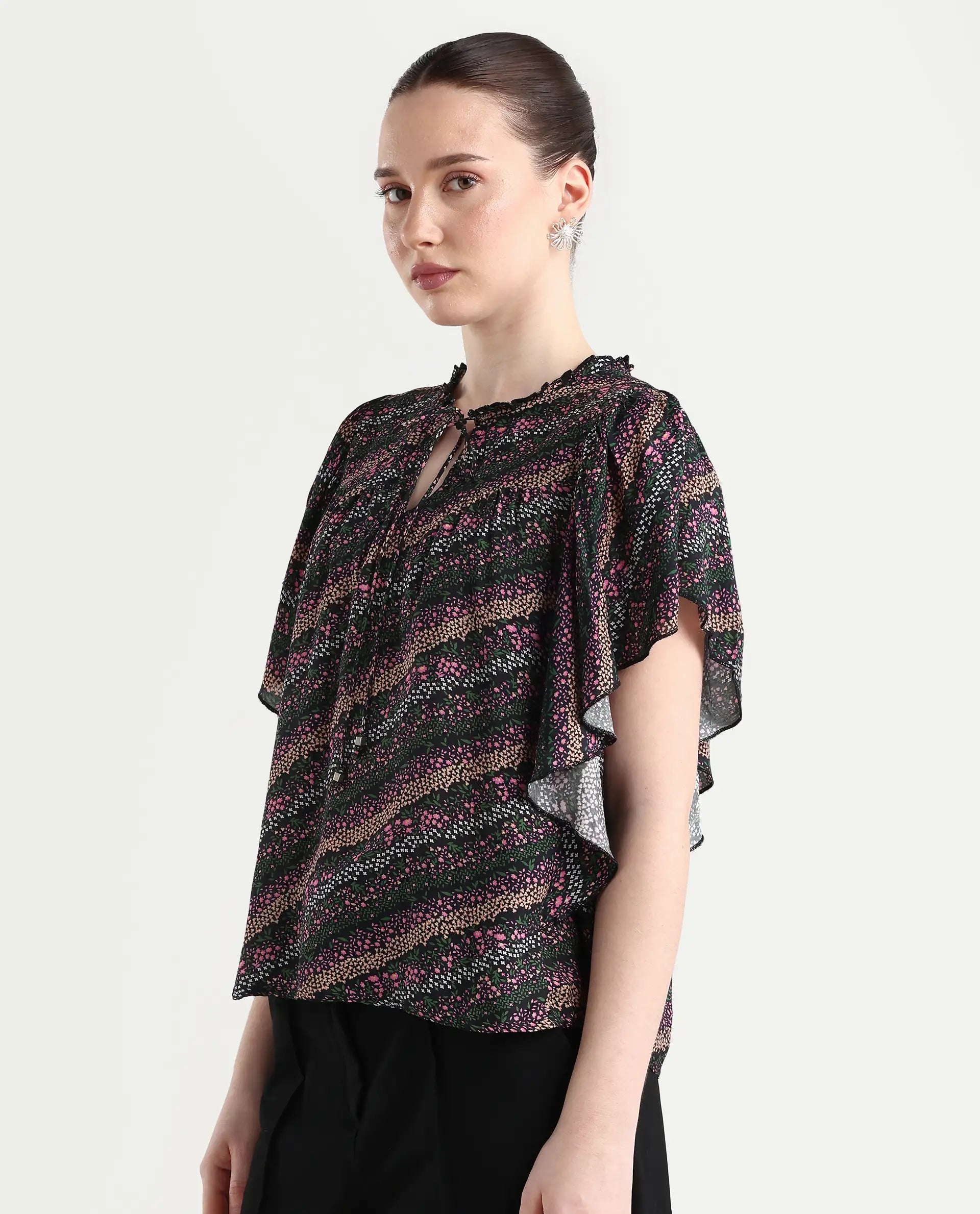 Rareism Women's Doc Black Cotton Blend Tie-Up Neck Floral Print Extended Sleeves Relaxed Fit Top