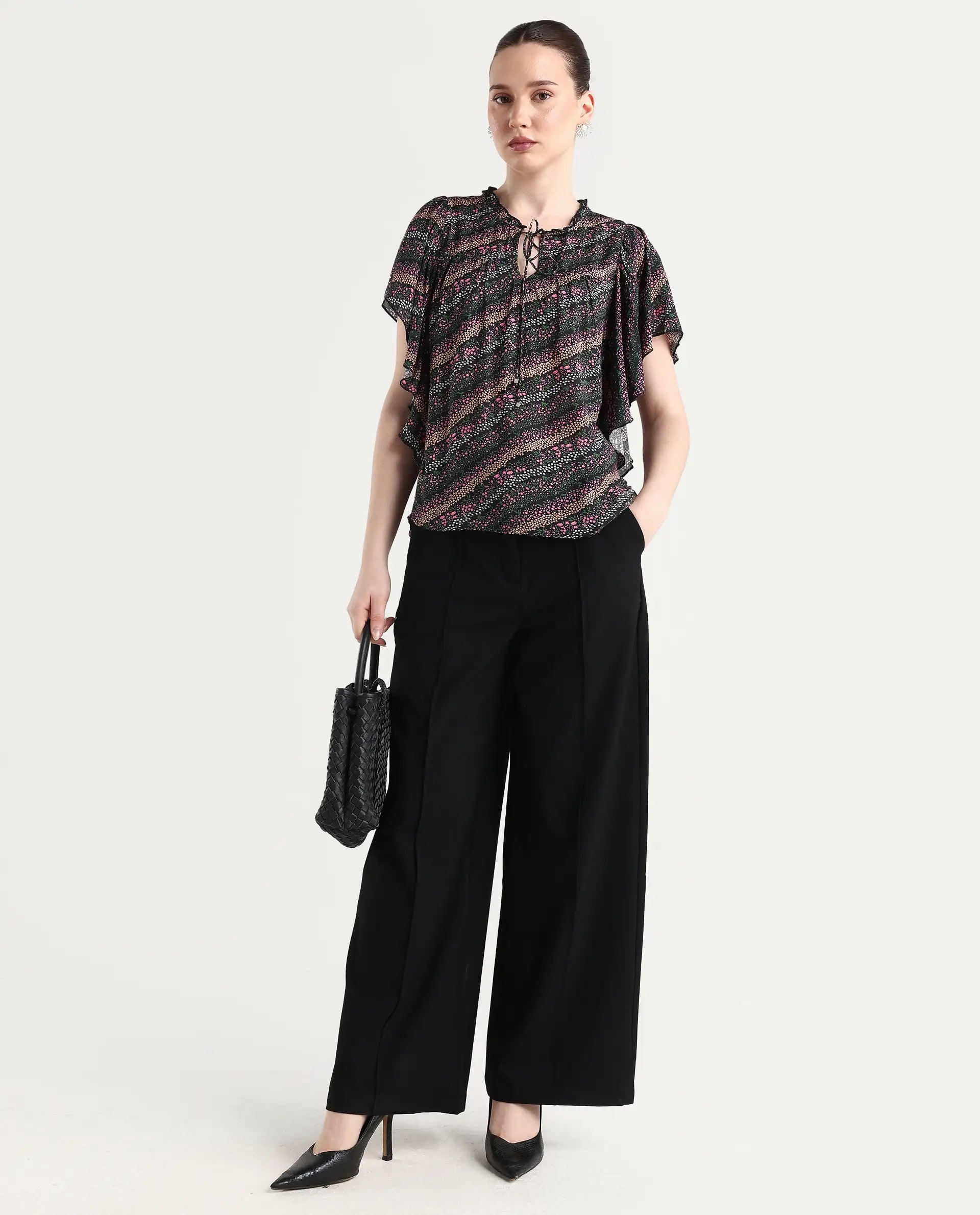 Rareism Women's Doc Black Cotton Blend Tie-Up Neck Floral Print Extended Sleeves Relaxed Fit Top