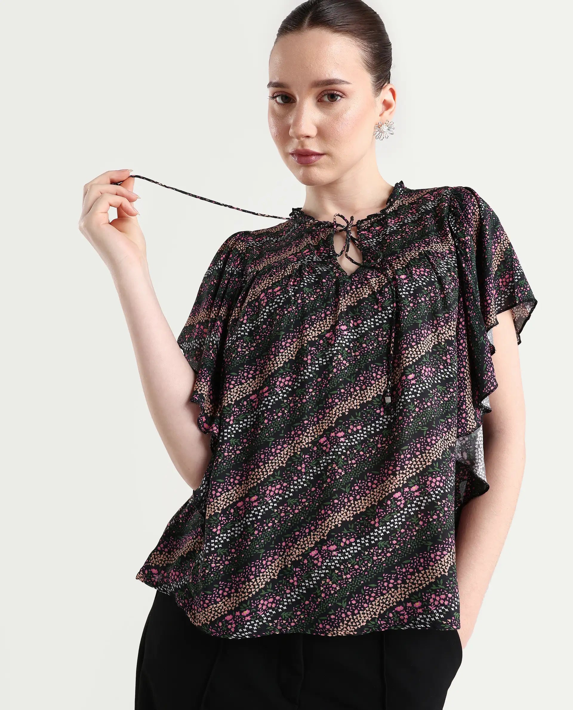 Rareism Women's Doc Black Cotton Blend Tie-Up Neck Floral Print Extended Sleeves Relaxed Fit Top