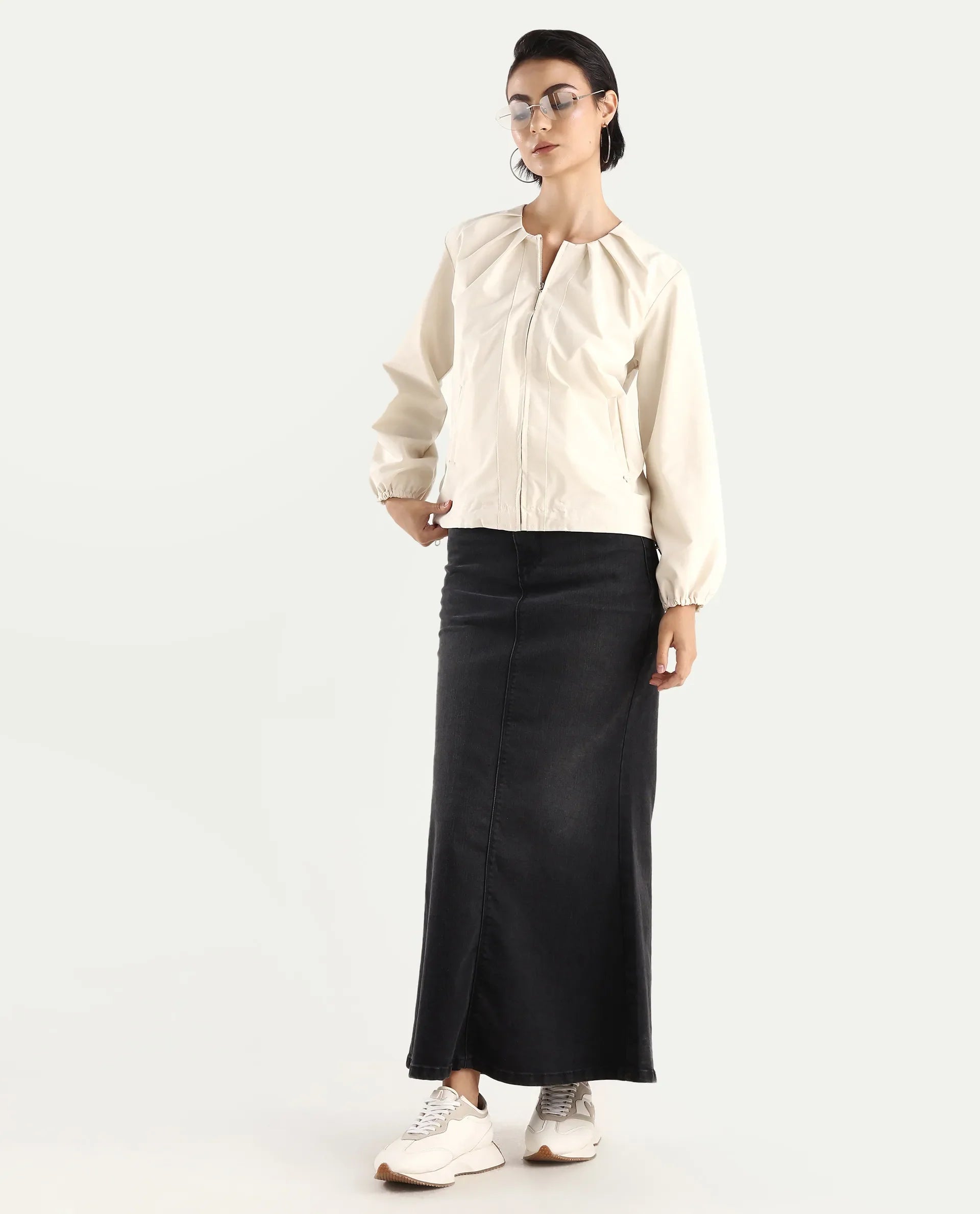 Rareism Women's Dockly Beige Crew Neck Plain Regular Fit Jacket