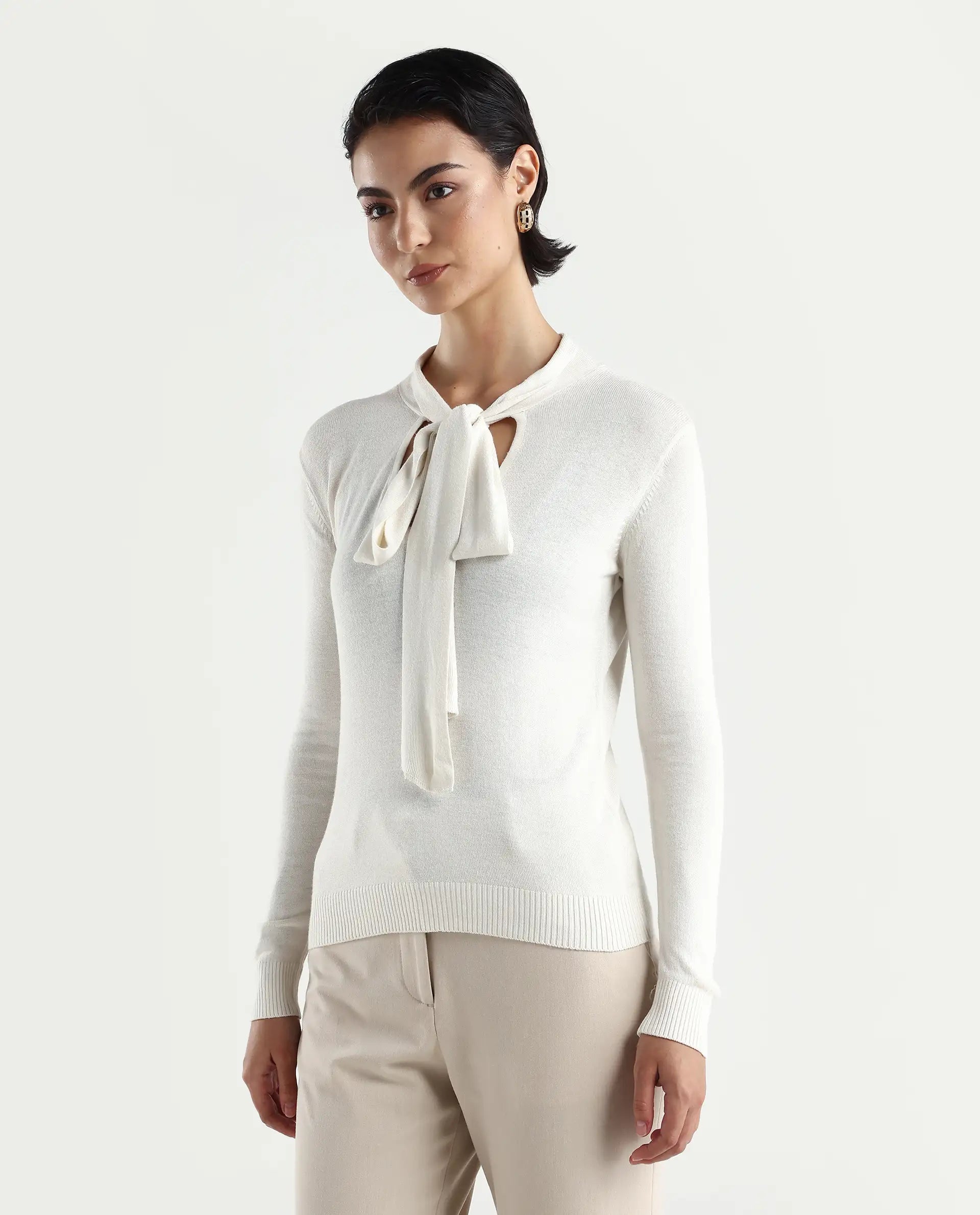 Rareism Women's Dolce White Viscose Tie-Up Neck Plain Regular Fit Sweater