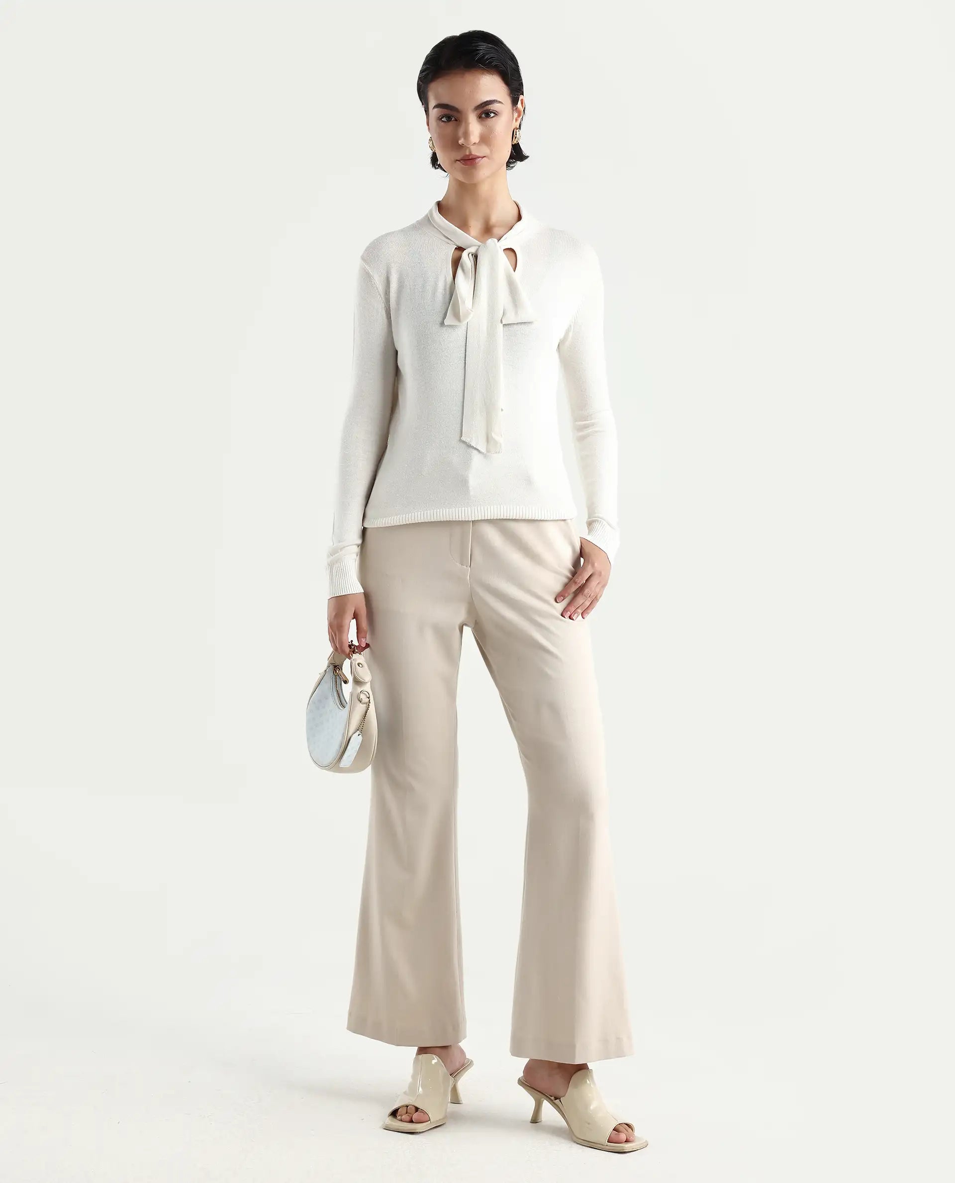 Rareism Women's Dolce White Viscose Tie-Up Neck Plain Regular Fit Sweater