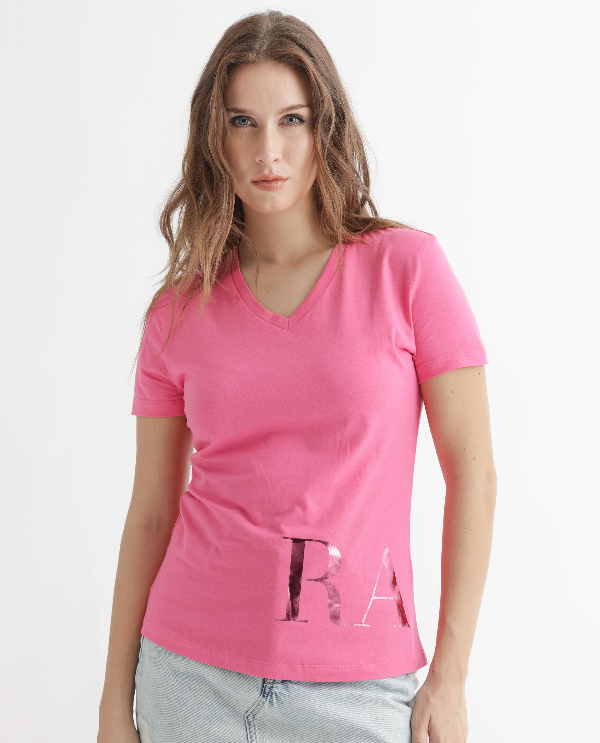 Rareism Women's Donovan Pink Cotton Crew Neck Graphic Print Regular Fit T-Shirt