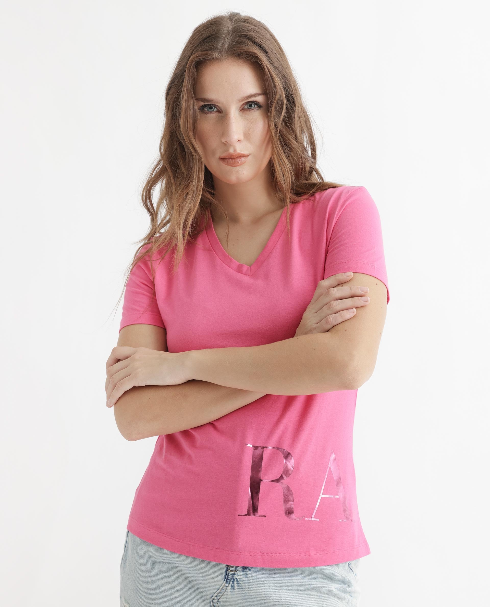 Rareism Women's Donovan Pink Cotton Crew Neck Graphic Print Regular Fit T-Shirt