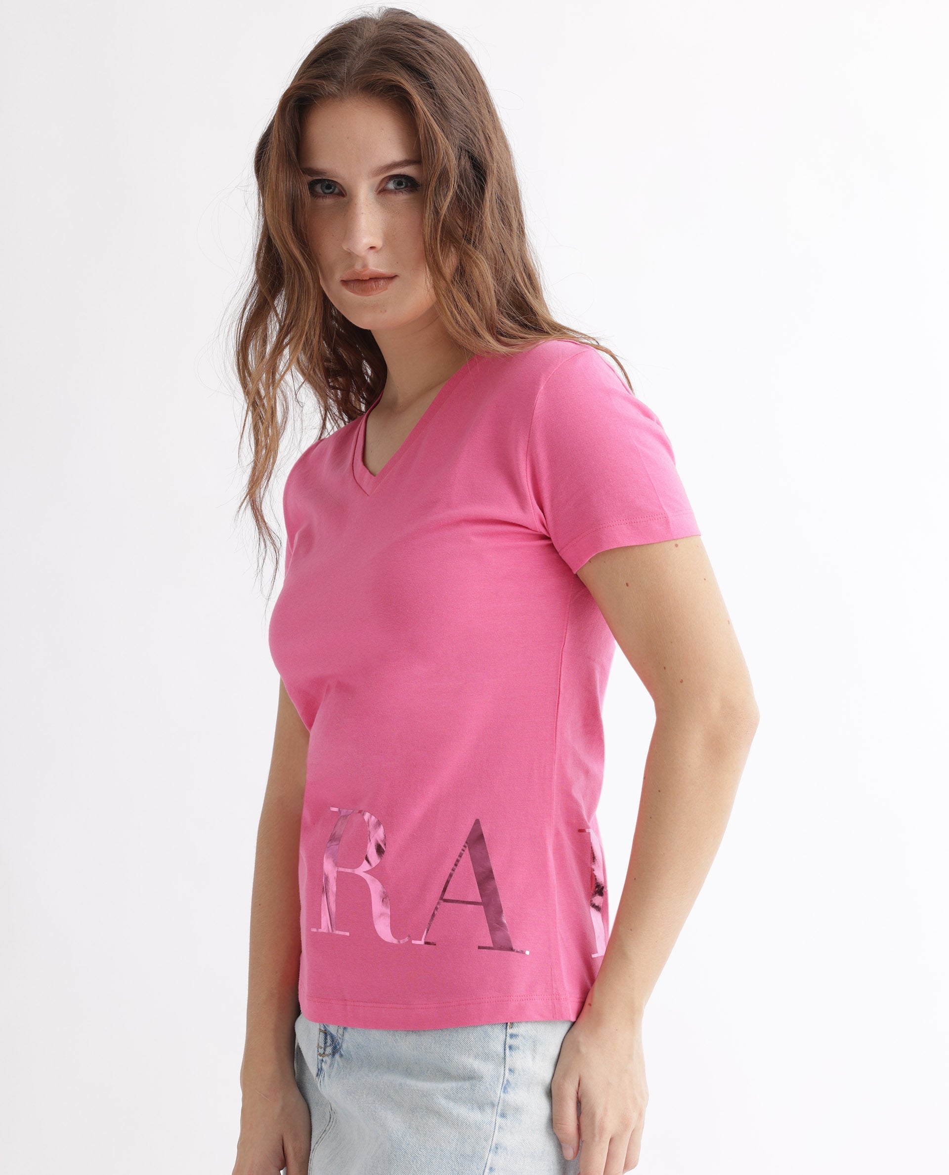 Rareism Women's Donovan Pink Cotton Crew Neck Graphic Print Regular Fit T-Shirt