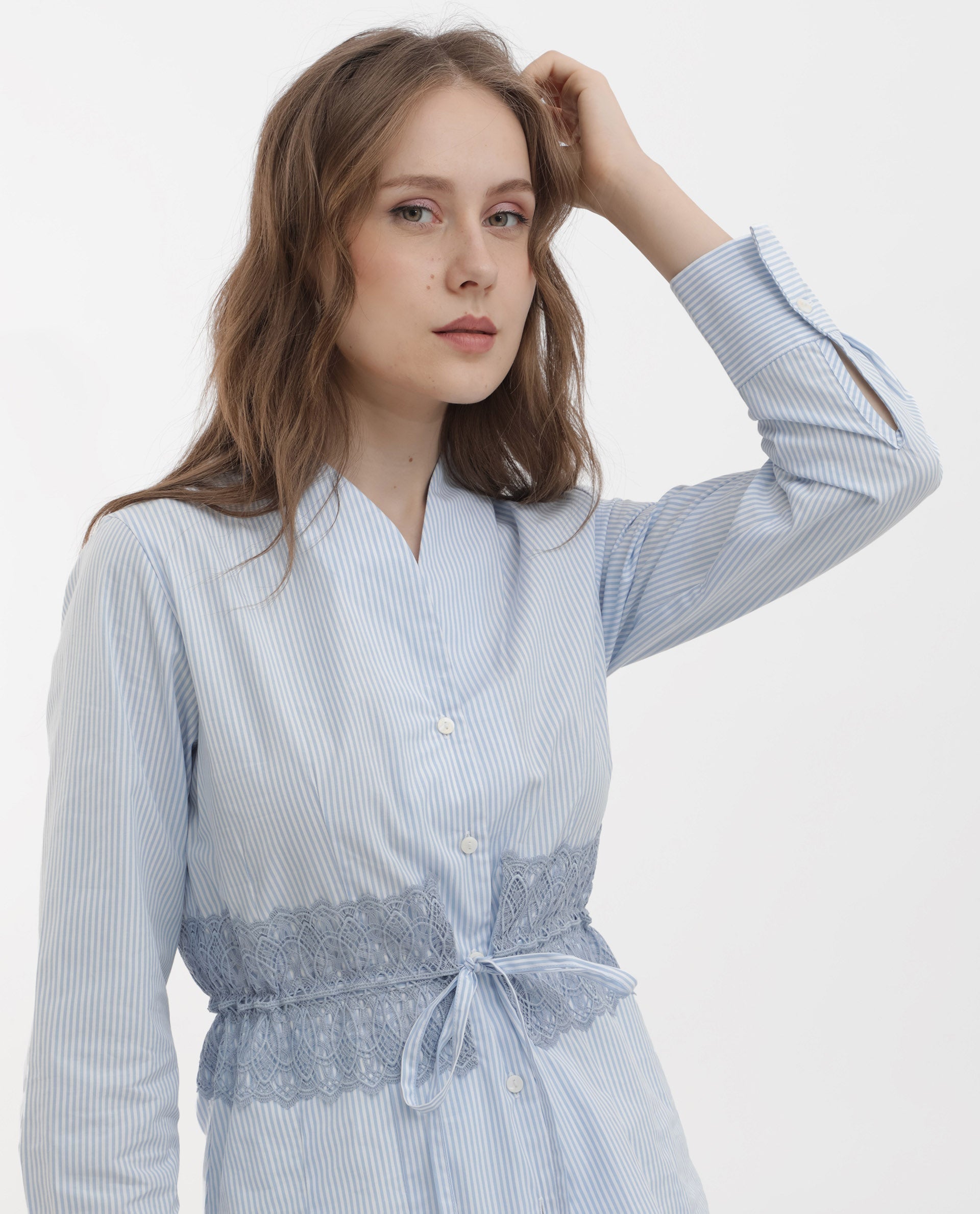 Rareism Women Doose Blue Cotton Fabric Full Sleeves Button Closure Collared Neck Cuffed Sleeve Regular Fit Plain Top