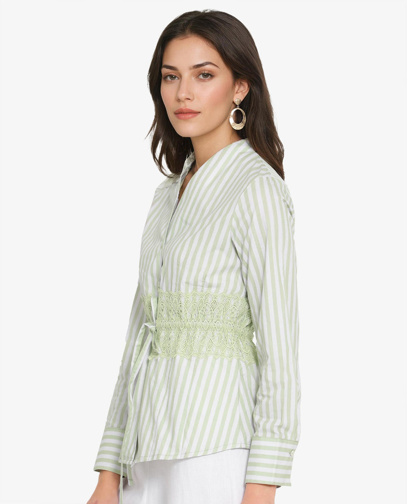 Rareism Women Dooze Light Green Cuffed Sleeve V-Neck Button Narrow Stripes Top