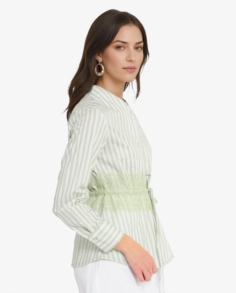 Rareism Women's Dooze Light Green Cuffed Sleeve V-Neck Button Narrow Stripes Top