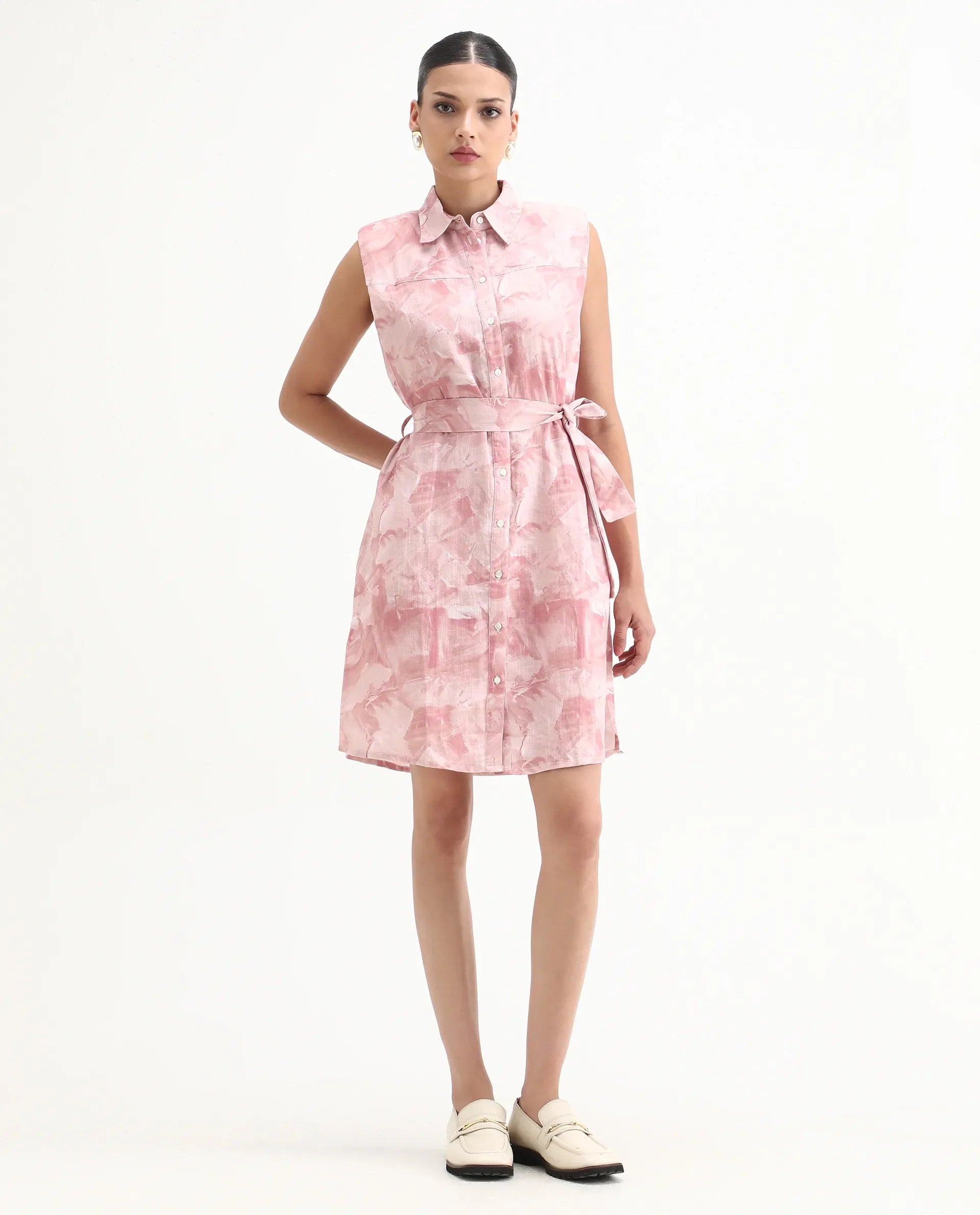 Rareism Women's Doremi Pink Linen Spread Collar Abstract Print Sleeveless Knee Length Regular Fit Dress