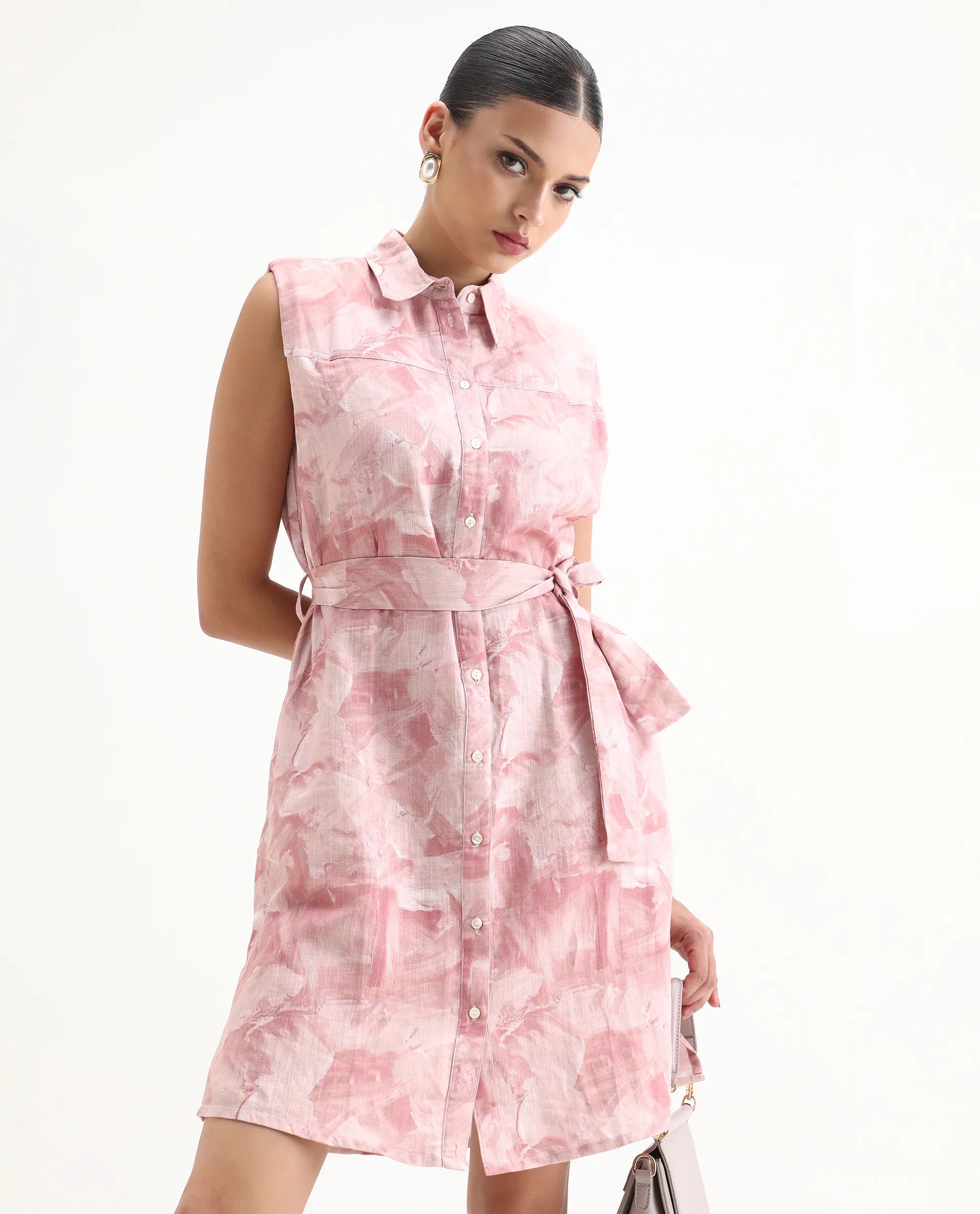 Rareism Women's Doremi Pink Linen Spread Collar Abstract Print Sleeveless Knee Length Regular Fit Dress
