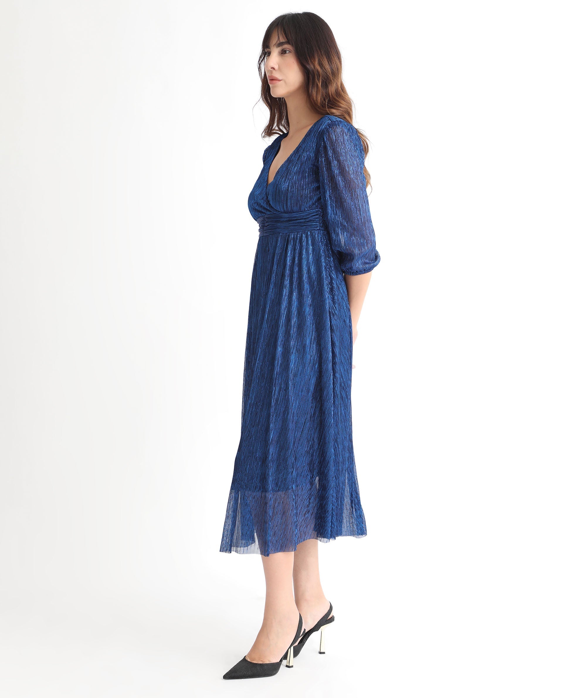 Rareism Women Daso Metallic Blue V Overlap Neck Balloon Sleeves With Fabric Waist Belt Shimmer Party Midi Dress