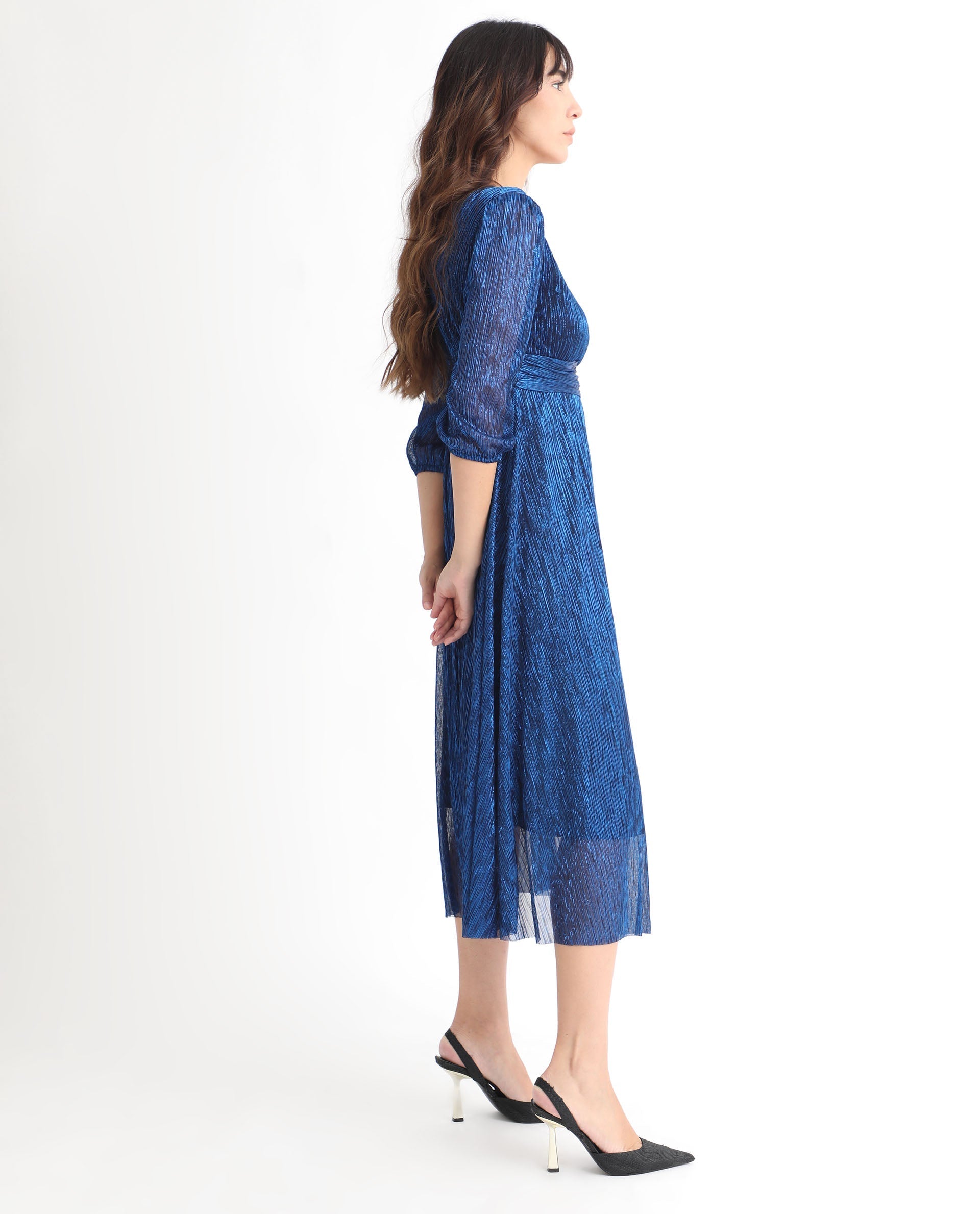 Rareism Women Daso Metallic Blue V Overlap Neck Balloon Sleeves With Fabric Waist Belt Shimmer Party Midi Dress