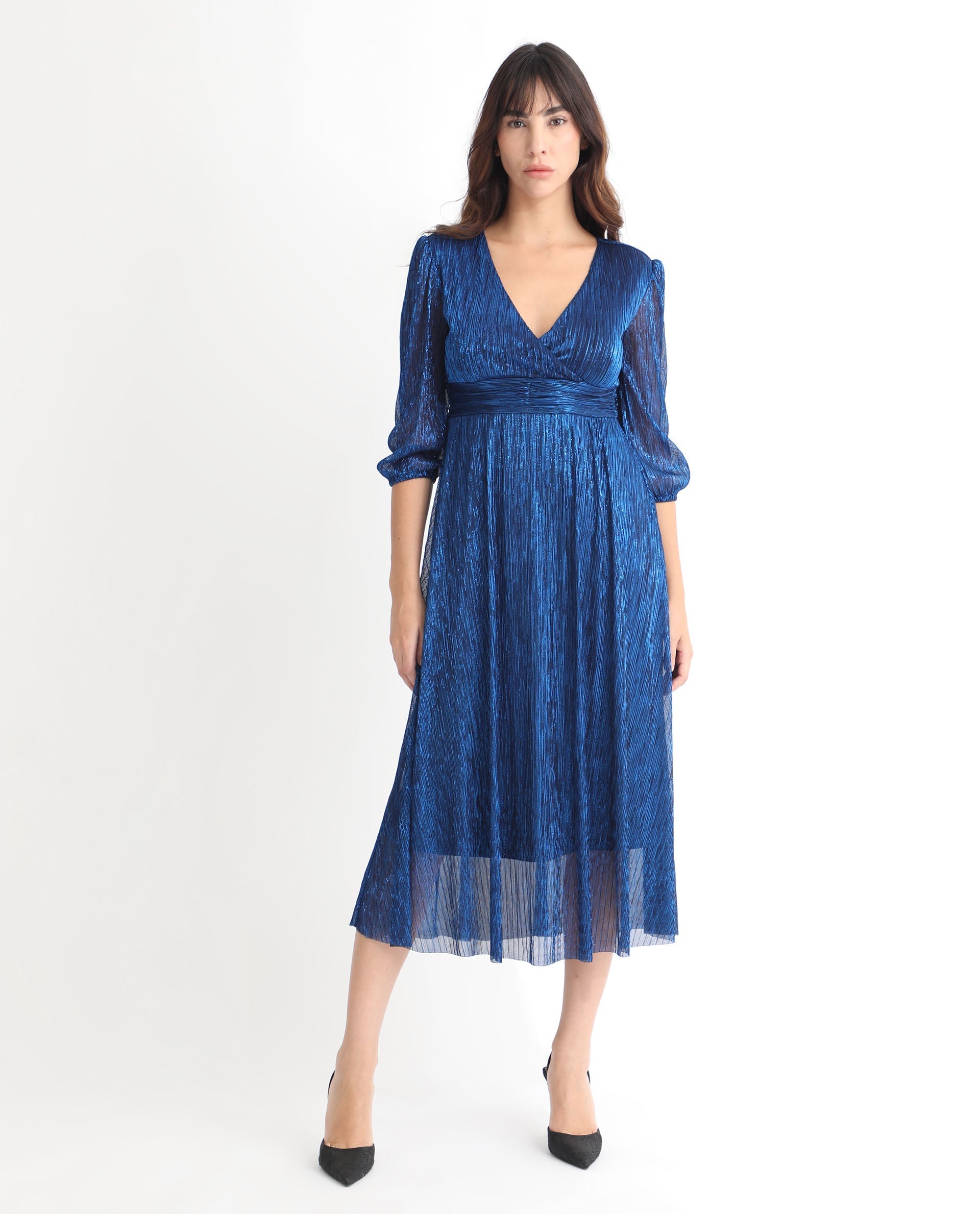 Rareism Women Daso Metallic Blue V Overlap Neck Balloon Sleeves With Fabric Waist Belt Shimmer Party Midi Dress