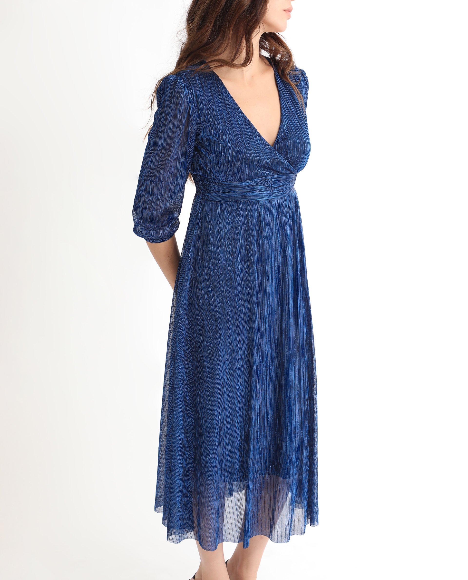 Rareism Women Daso Metallic Blue V Overlap Neck Balloon Sleeves With Fabric Waist Belt Shimmer Party Midi Dress