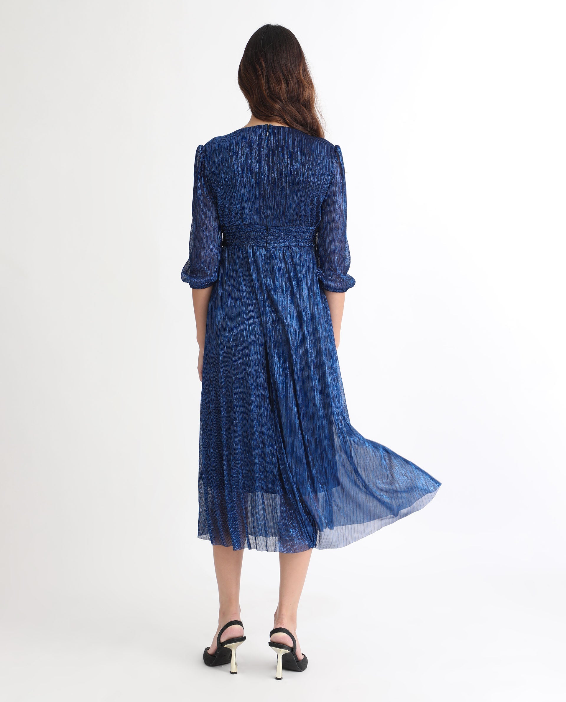 Rareism Women Daso Metallic Blue V Overlap Neck Balloon Sleeves With Fabric Waist Belt Shimmer Party Midi Dress
