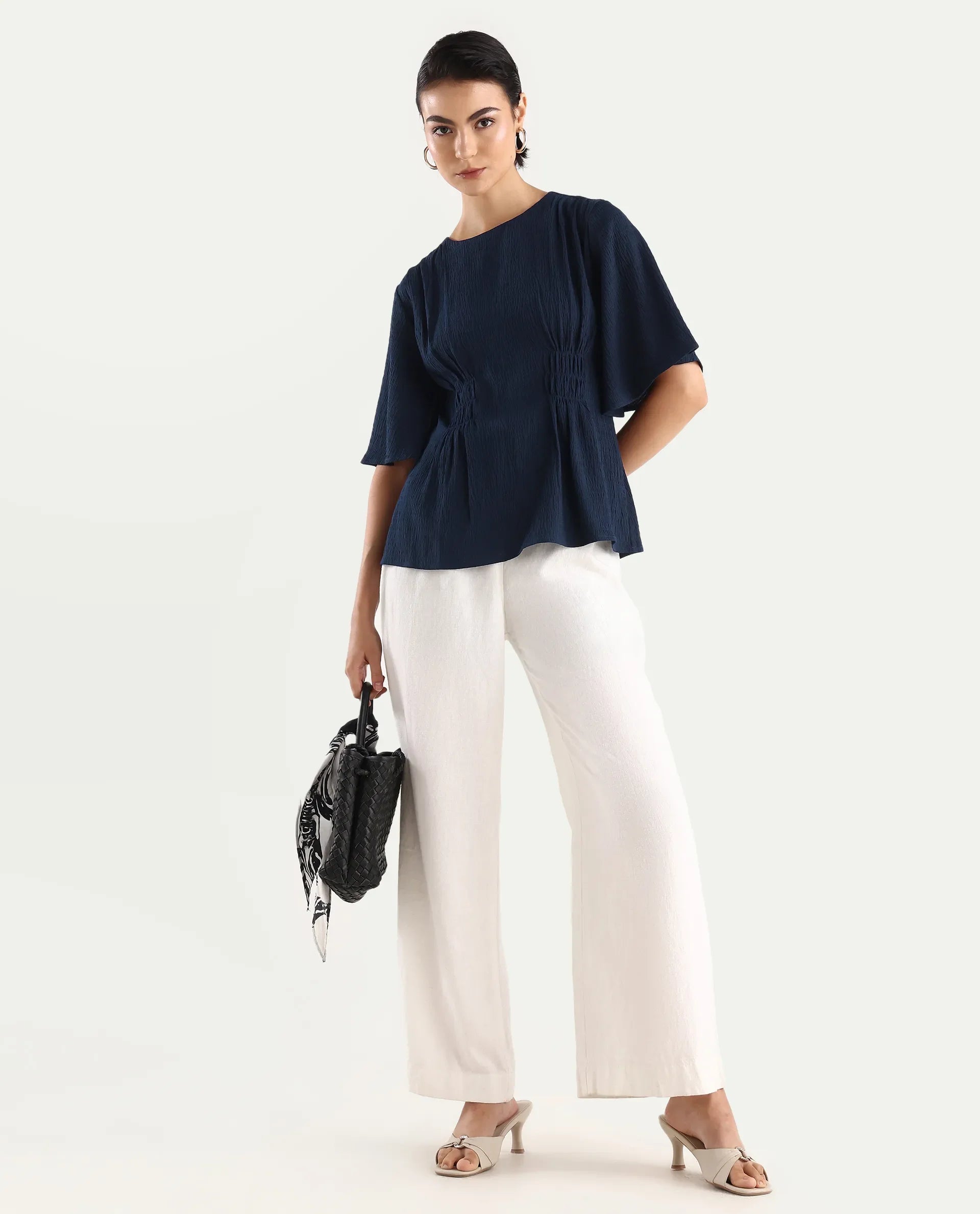 Rareism Women's Dring Navy Polyester Crew Neck Plain Bell Sleeve Regular Fit Top