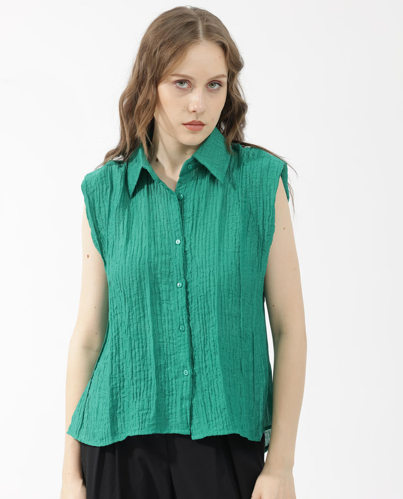 Rareism Women Drummy Green Rayon Nylon Fabric Sleeveless Collared Neck Solid Regular Length Top