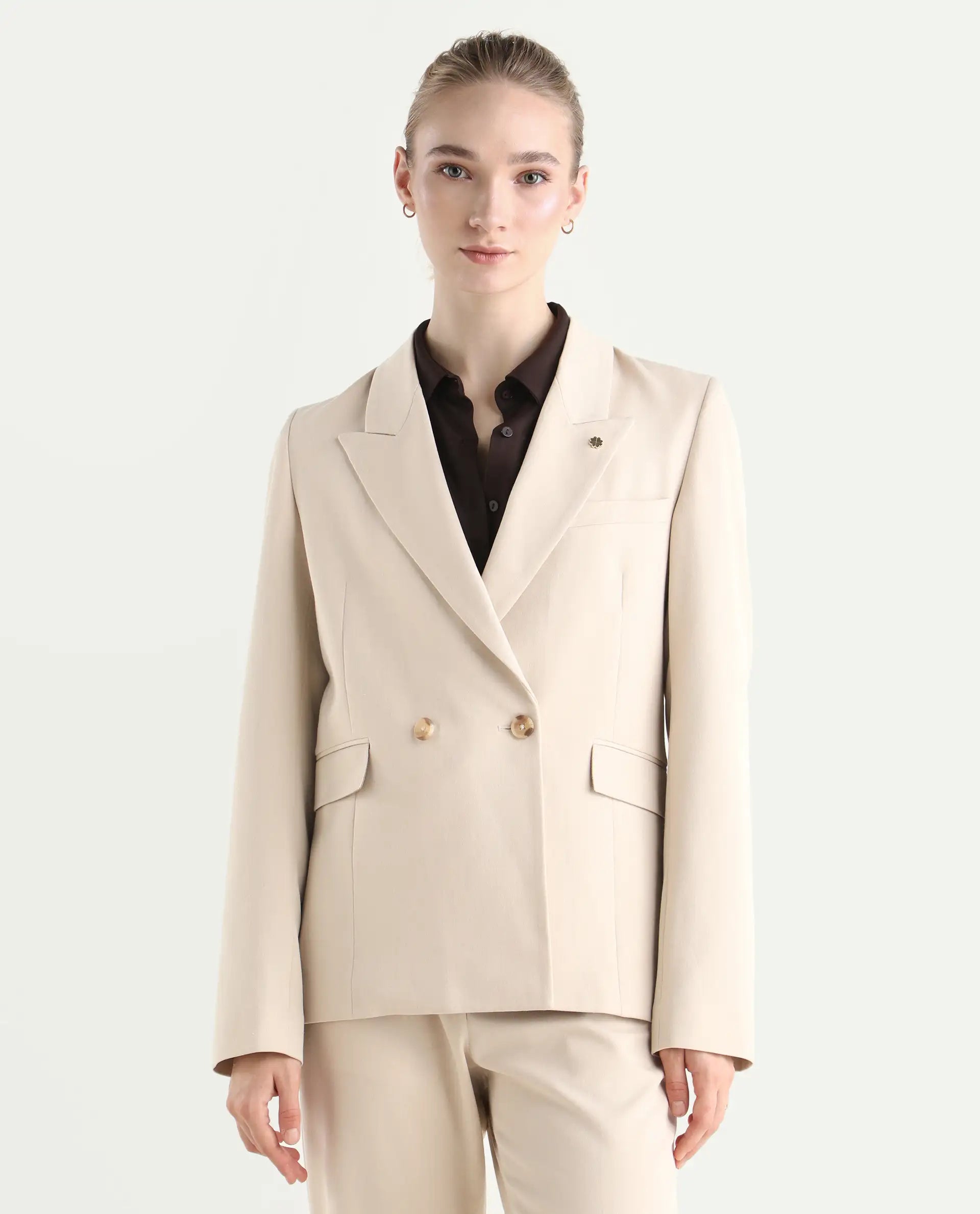 Rareism Women's Dublo Beige Polyester Blend Fabric Full Sleeve Lapel Collar Plain Blazer