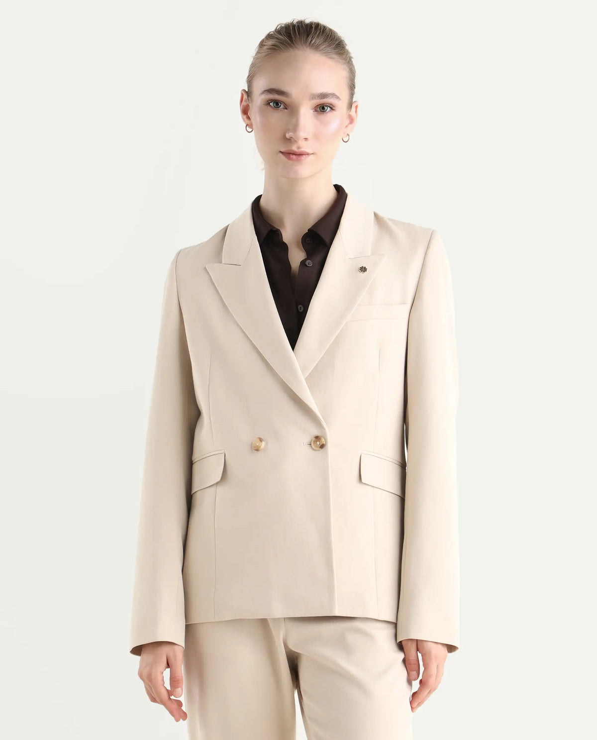 Rareism Women's Dublo Beige Polyester Blend Fabric Full Sleeve Lapel Collar Plain Blazer