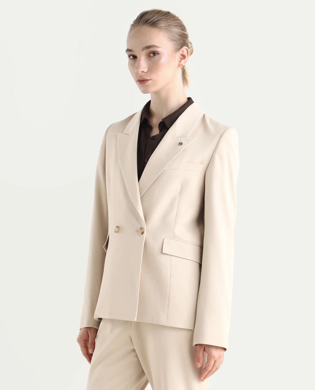 Rareism Women's Dublo Beige Polyester Blend Fabric Full Sleeve Lapel Collar Plain Blazer
