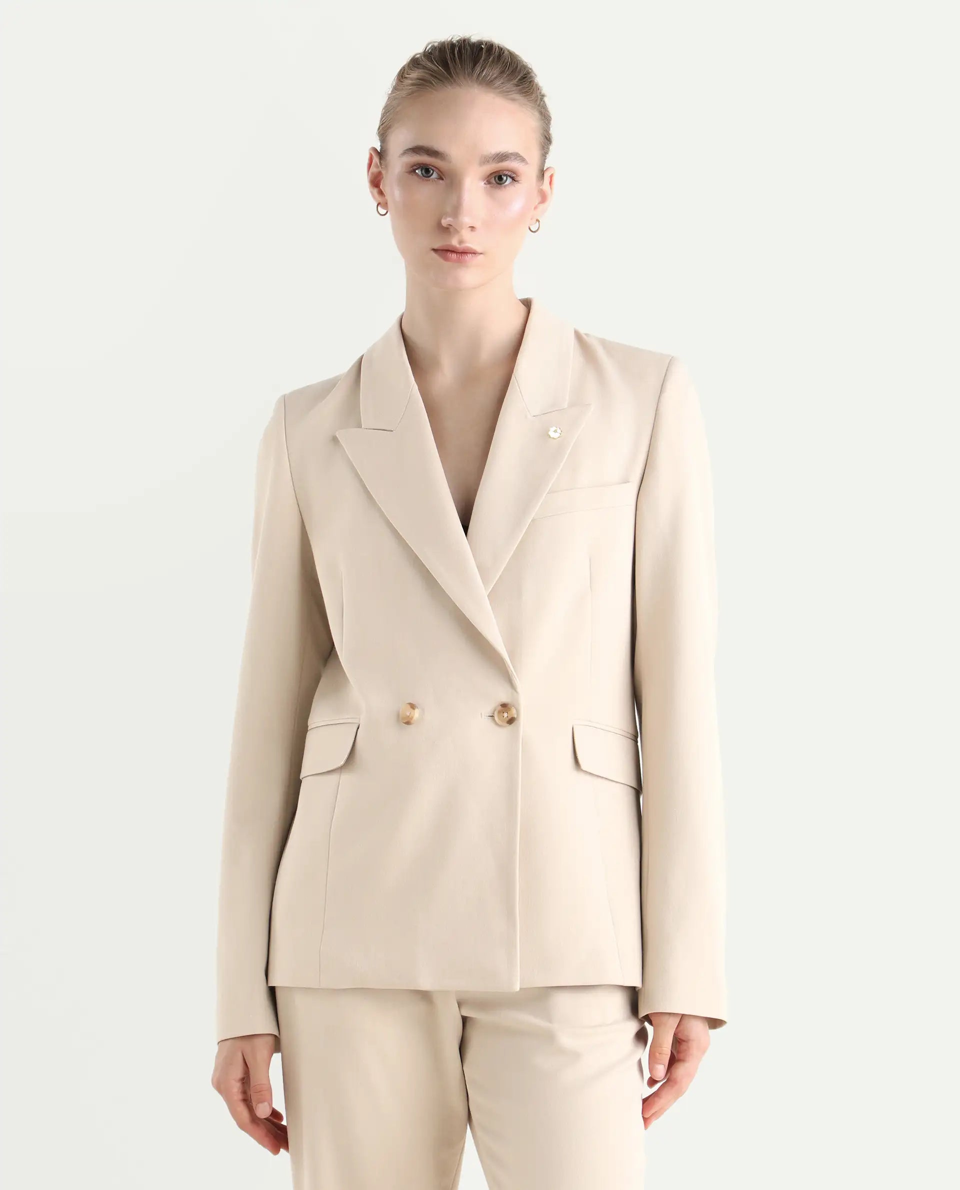 Rareism Women's Dublo Beige Polyester Blend Fabric Full Sleeve Lapel Collar Plain Blazer