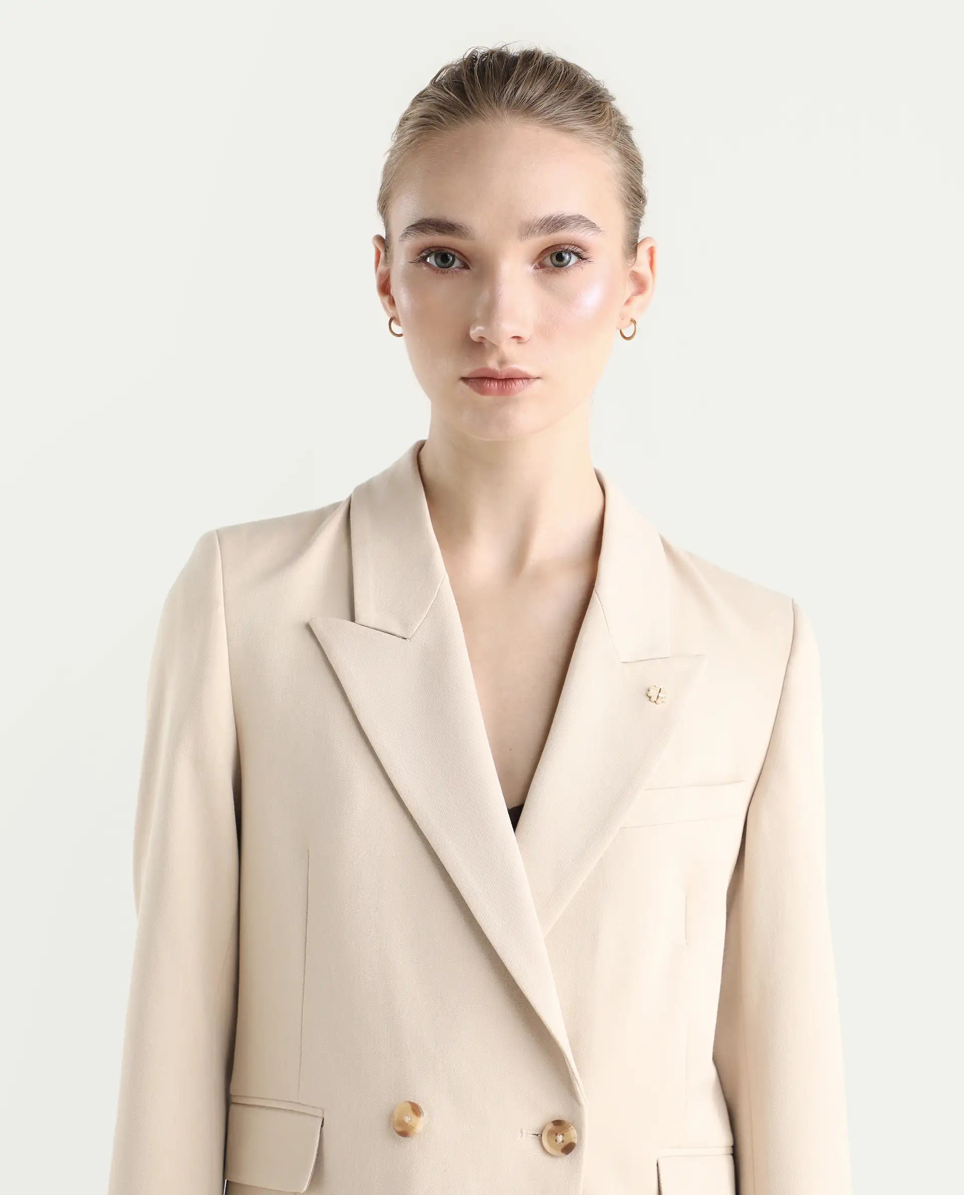 Rareism Women's Dublo Beige Polyester Blend Fabric Full Sleeve Lapel Collar Plain Blazer