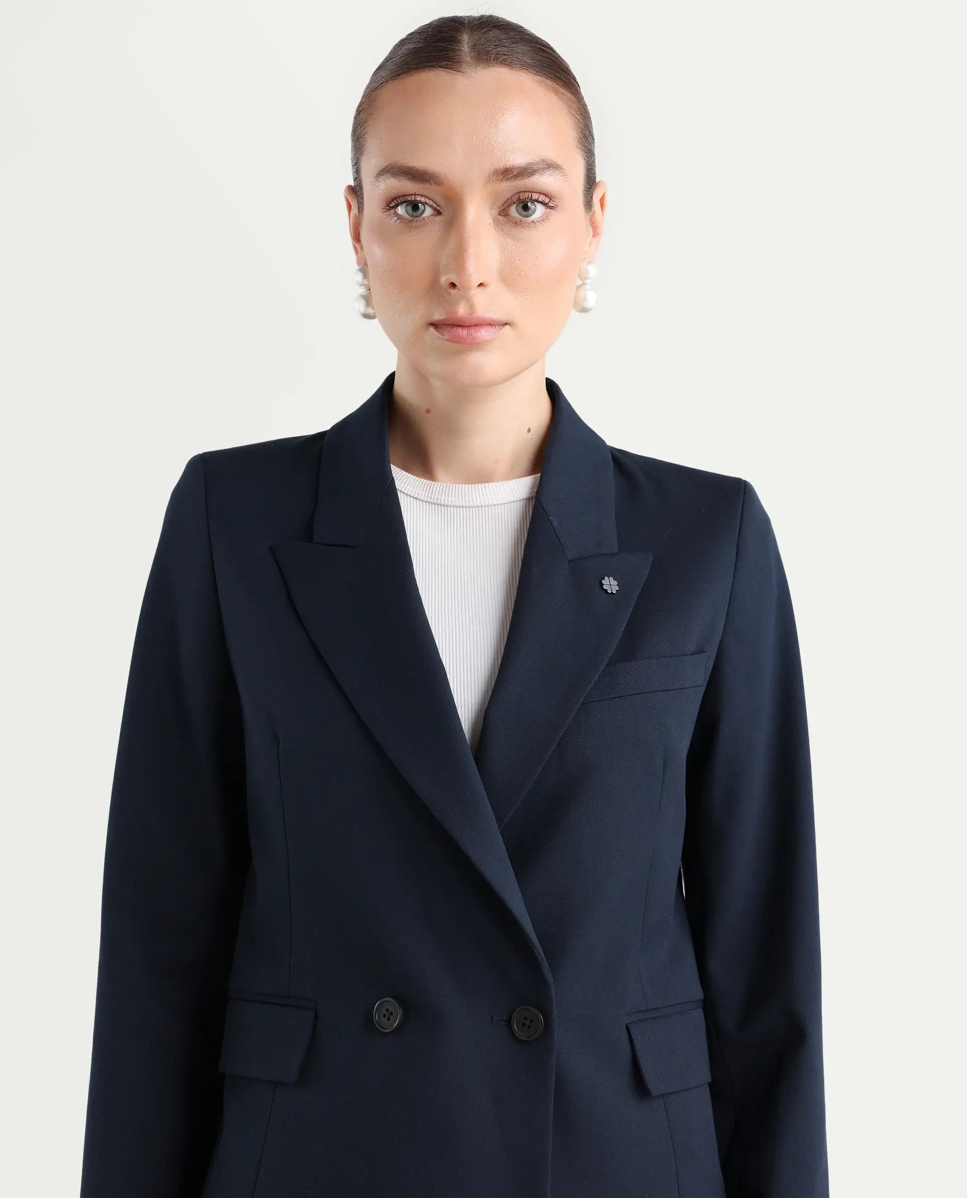 Rareism Women's Dublo Navy Polyester Blend Full Sleeve Lapel Collar Plain Blazer