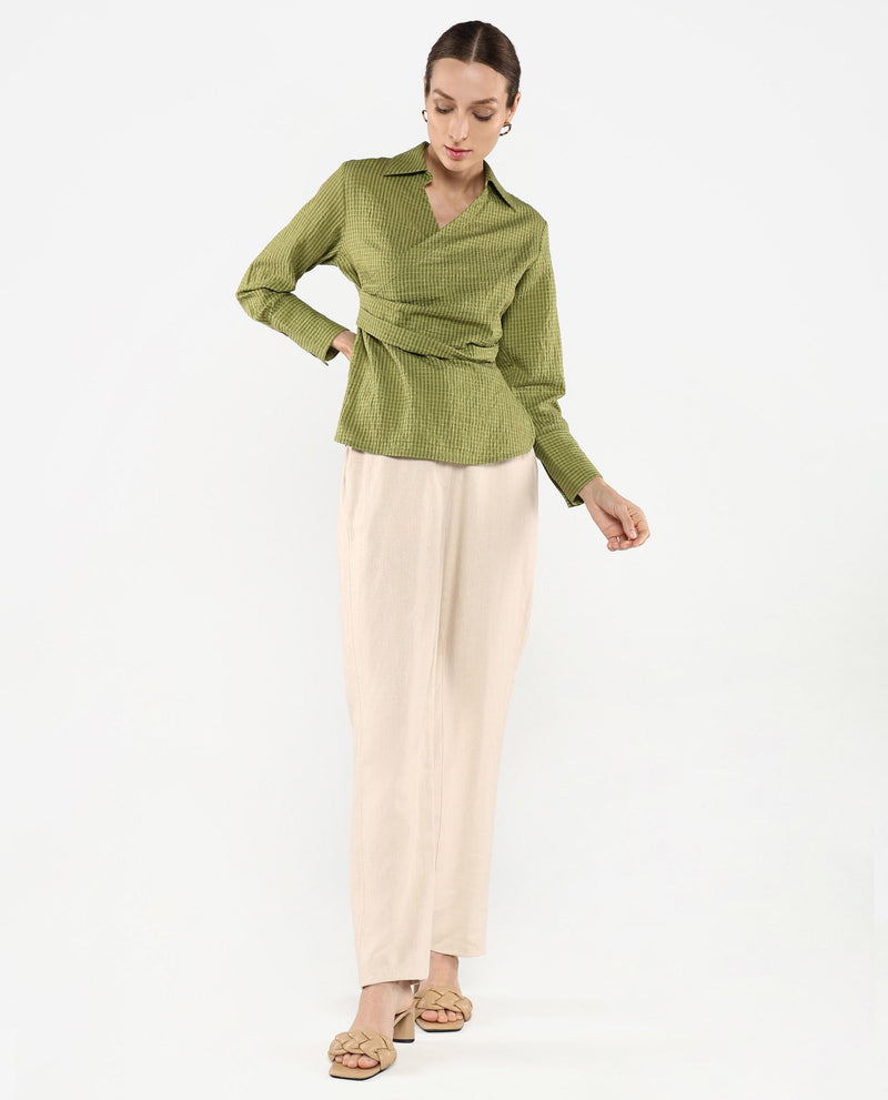 Rareism Women Duna Olive Polyester Fabric Cuffed Sleeve Jhonny Collar Plain Top