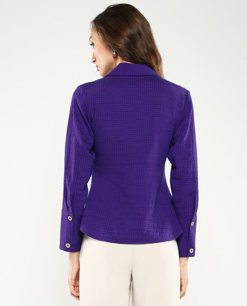 Rareism Women Duna Purple Polyester Fabric Cuffed Sleeve Jhonny Collar Plain Top