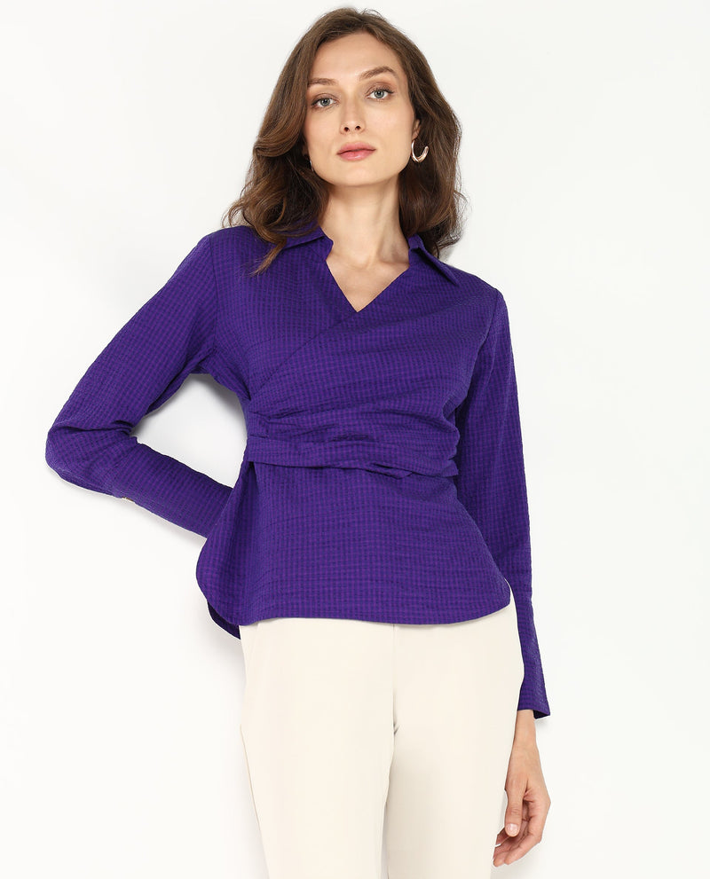 Rareism Women Duna Purple Polyester Fabric Cuffed Sleeve Jhonny Collar Plain Top