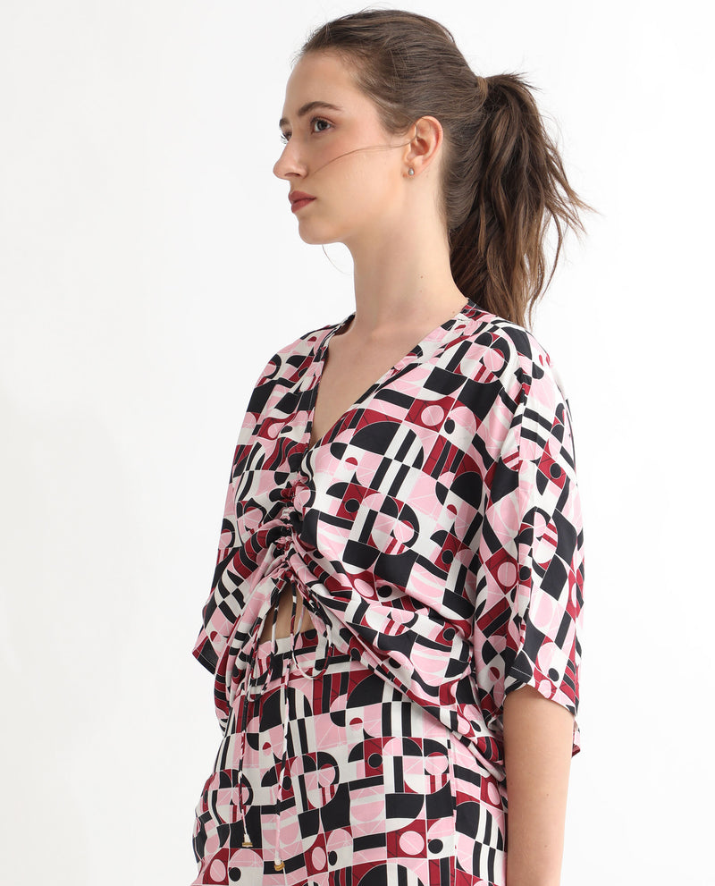 Rareism Women'S Duncan Multi Viscose Fabric Short Sleeves Tie-Up Closure V-Neck Extended Sleeve Regular Fit Geometric Print Top