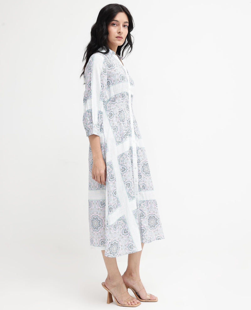 Rareism Women Dusturn Multi Cotton Linen Fabric Regular Sleeves Collared Neck Abstract Print Longline Dress