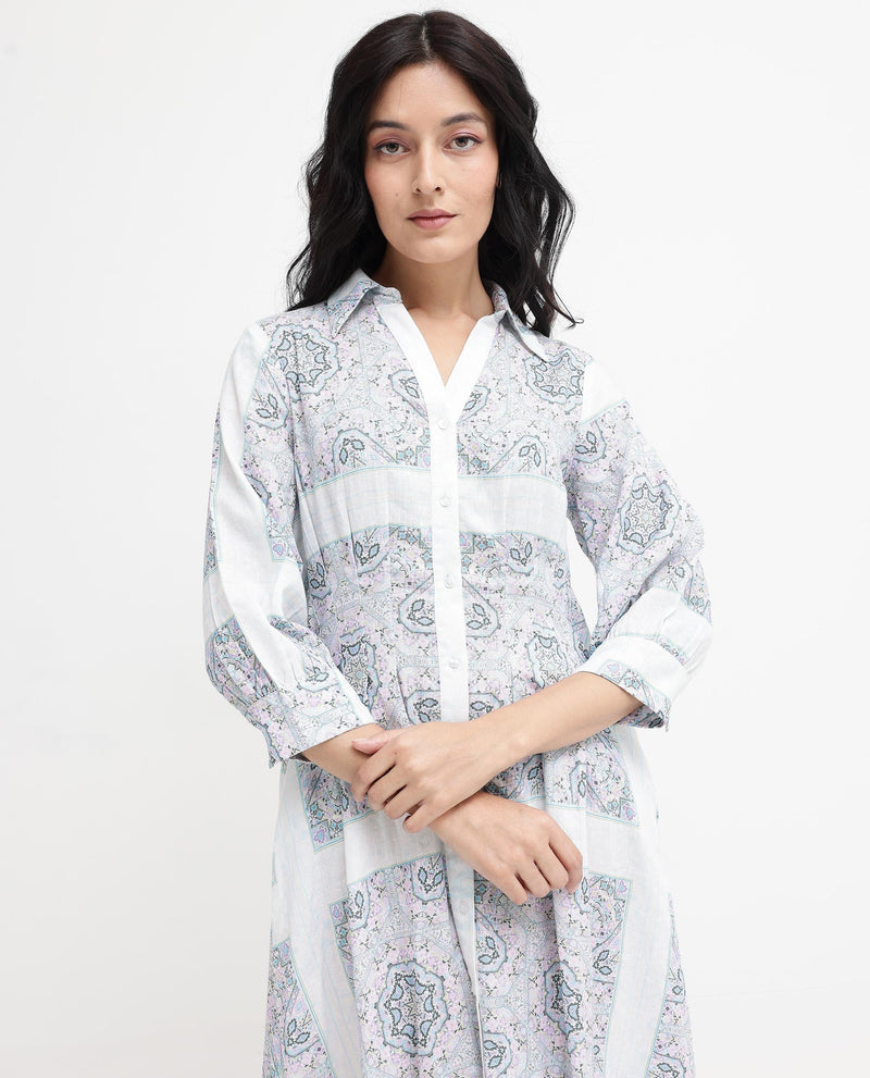 Rareism Women Dusturn Multi Cotton Linen Fabric Regular Sleeves Collared Neck Abstract Print Longline Dress