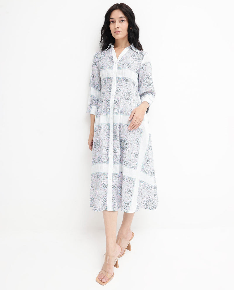 Rareism Women Dusturn Multi Cotton Linen Fabric Regular Sleeves Collared Neck Abstract Print Longline Dress