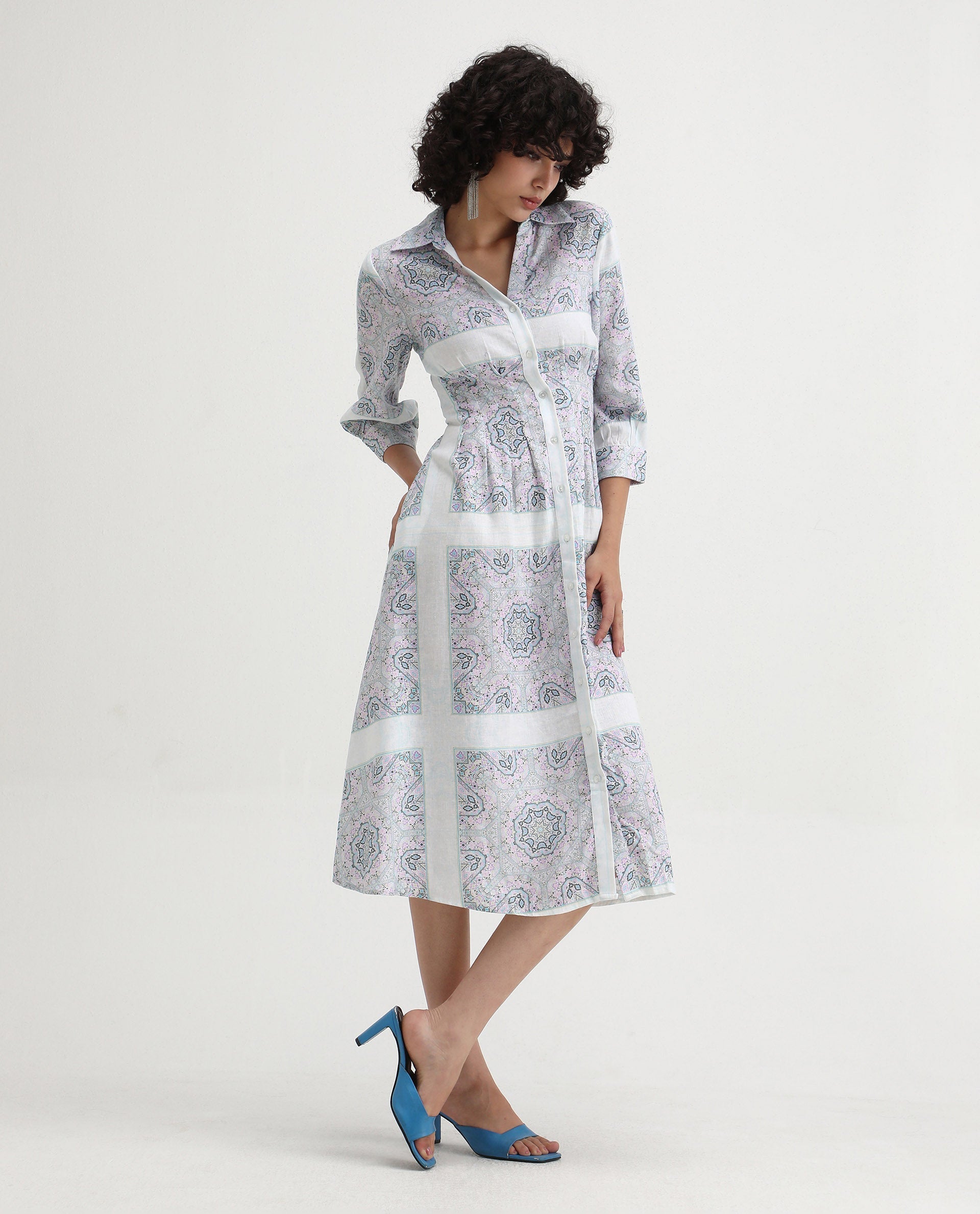 Rareism Women's Dusturn Multi Linen Blend Drop Collar Bandana Print Cuffed Sleeve Maxi Fit And Flare Dress