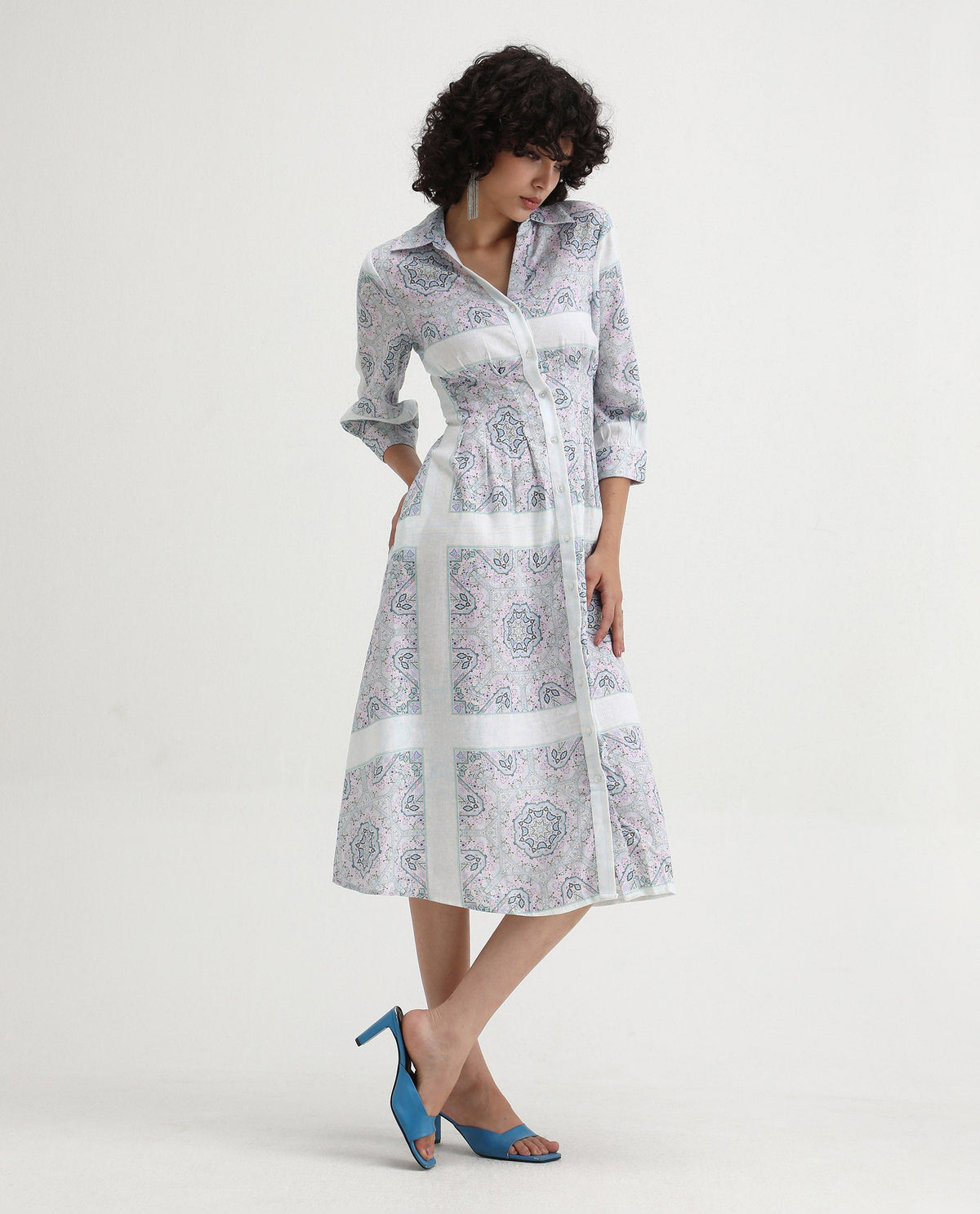 Rareism Women's Dusturn Multi Linen Blend Drop Collar Bandana Print Cuffed Sleeve Maxi Fit And Flare Dress