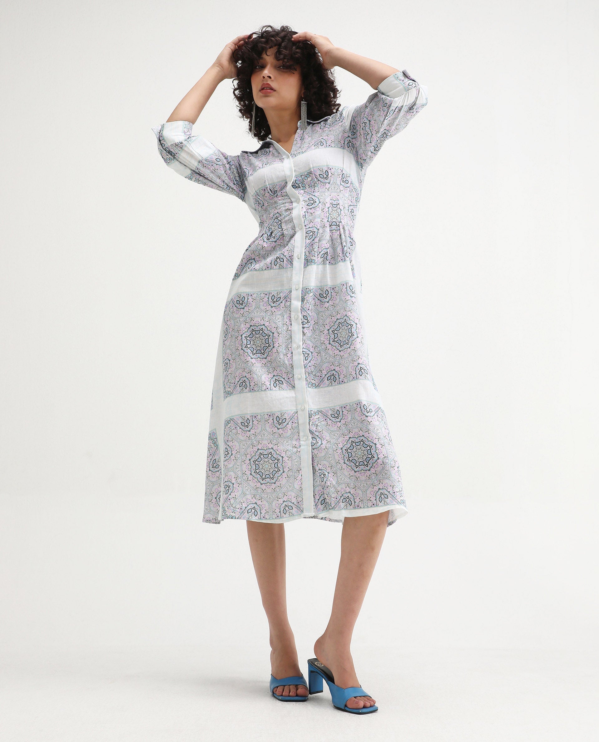 Rareism Women's Dusturn Multi Linen Blend Drop Collar Bandana Print Cuffed Sleeve Maxi Fit And Flare Dress