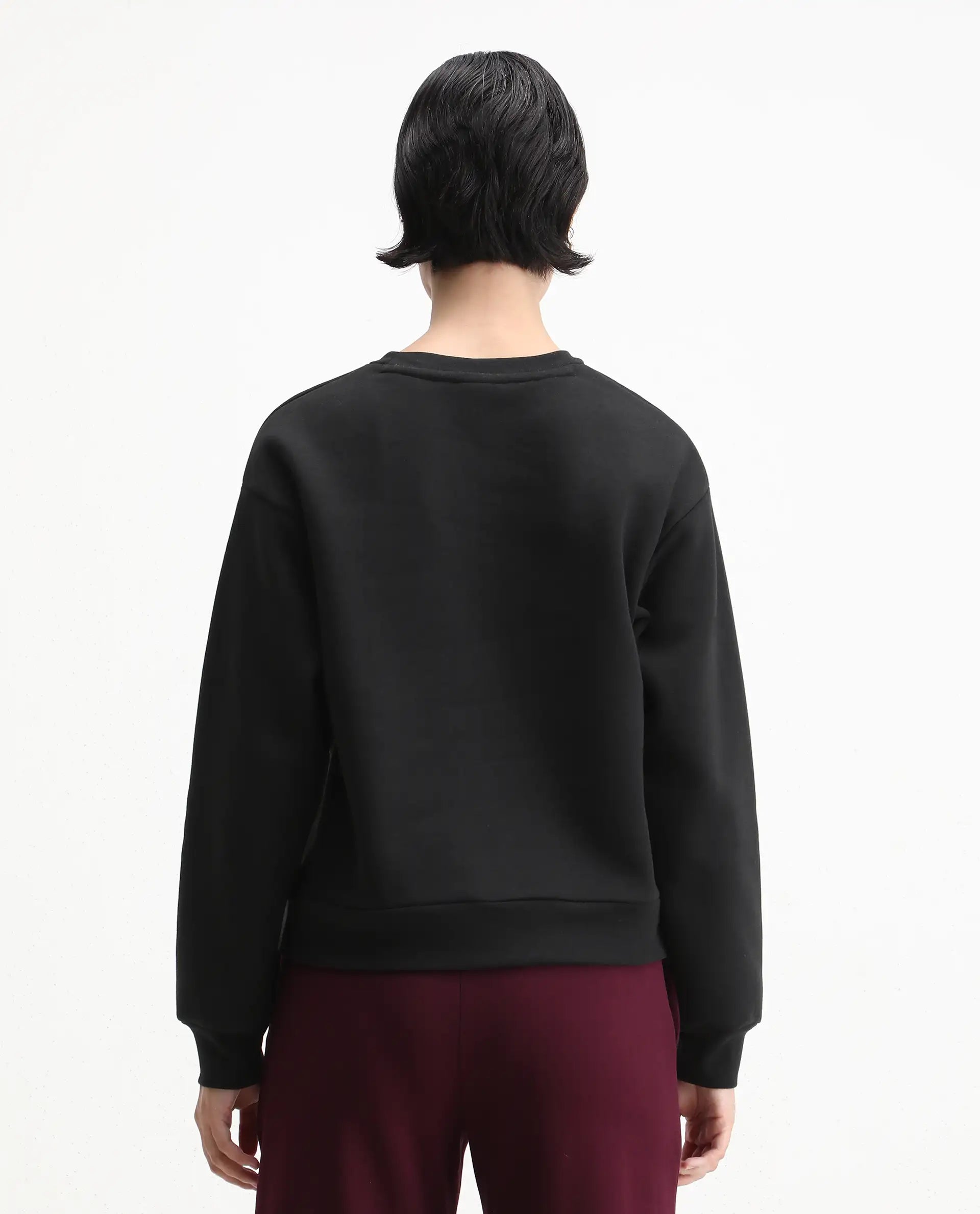 Rareism Women's Duth Black Cotton Blend Crew Neck Regular Fit Printed Sweatshirt