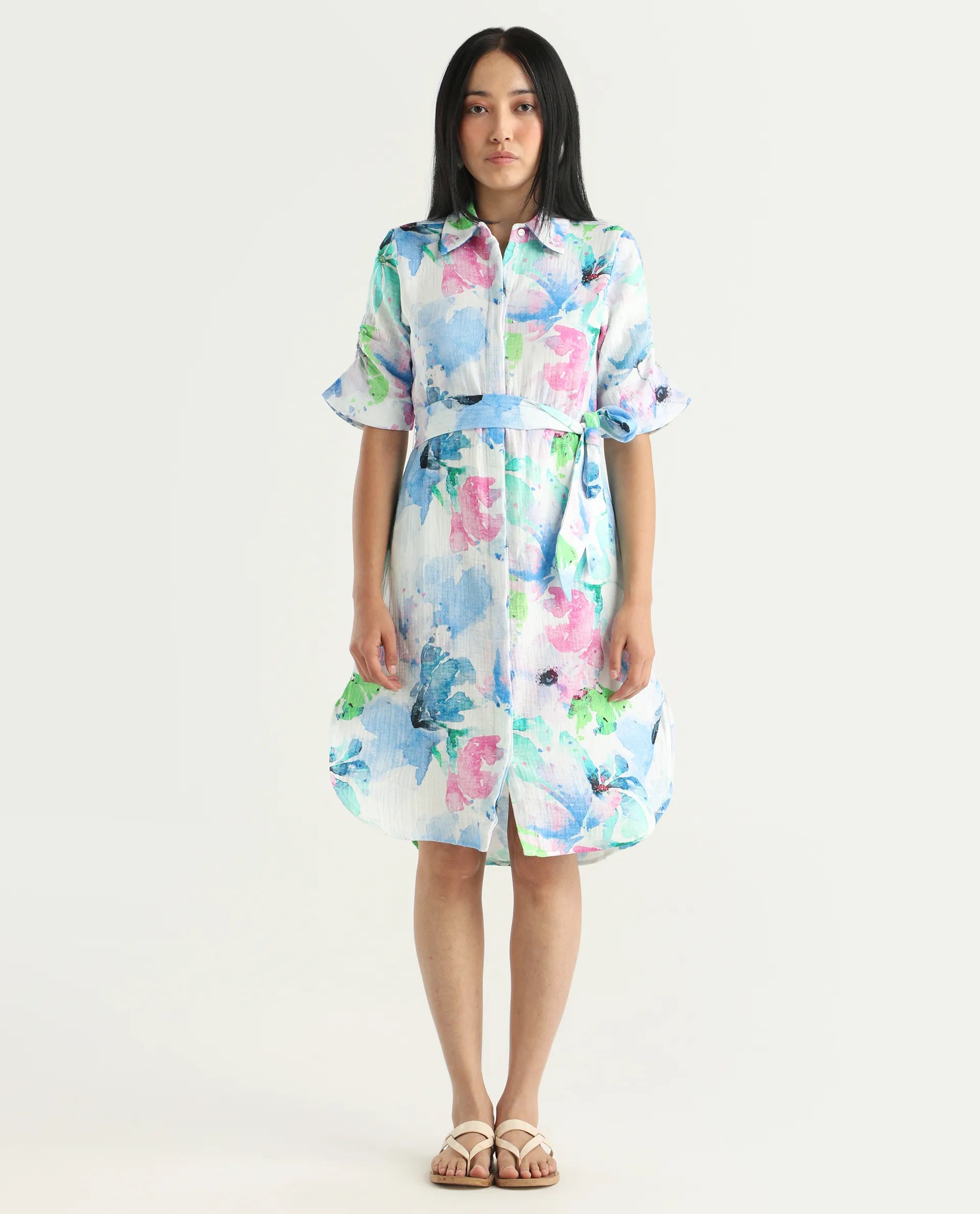 Rareism Women's Dyusa Multi Cotton Drop Collar Floral Print Knee Length A-Line Dress