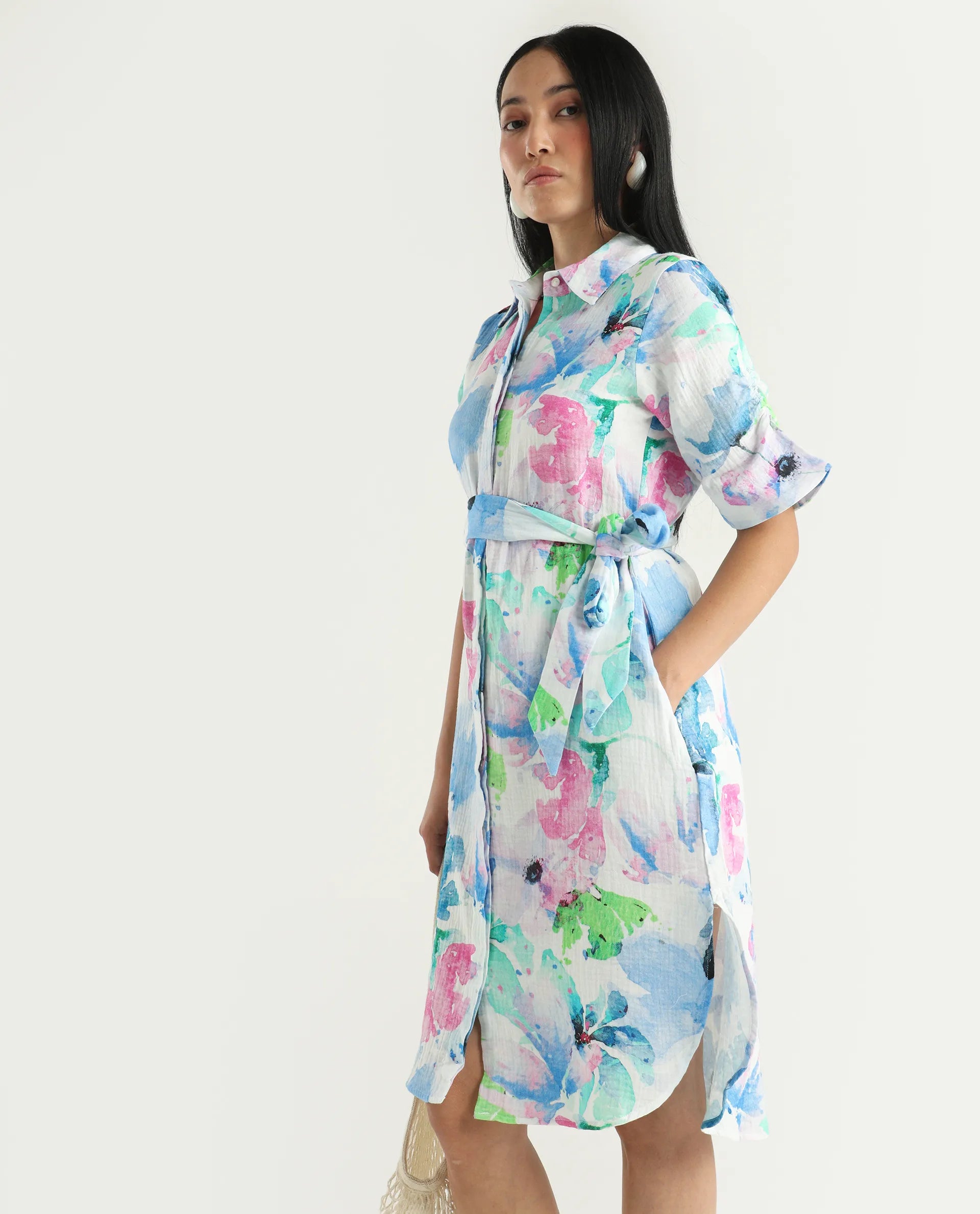 Rareism Women's Dyusa Multi Cotton Drop Collar Floral Print Knee Length A-Line Dress