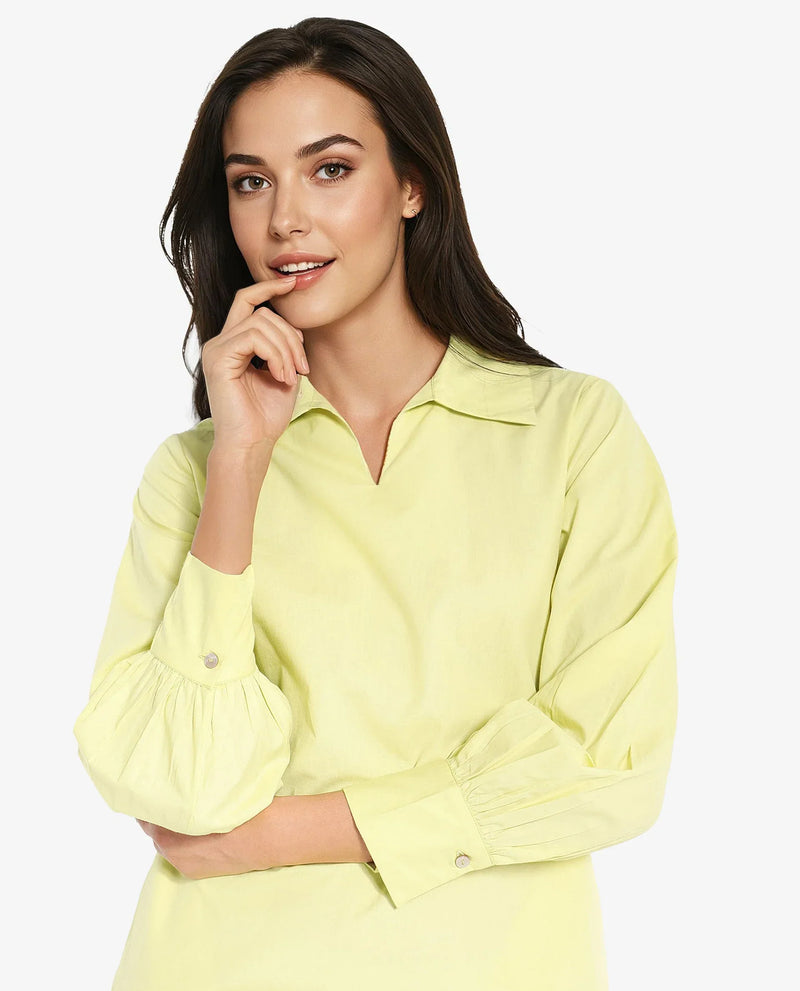 Rareism Women Earo Light Green Cuffed Sleeve Collared Neck Mini Plain Dress