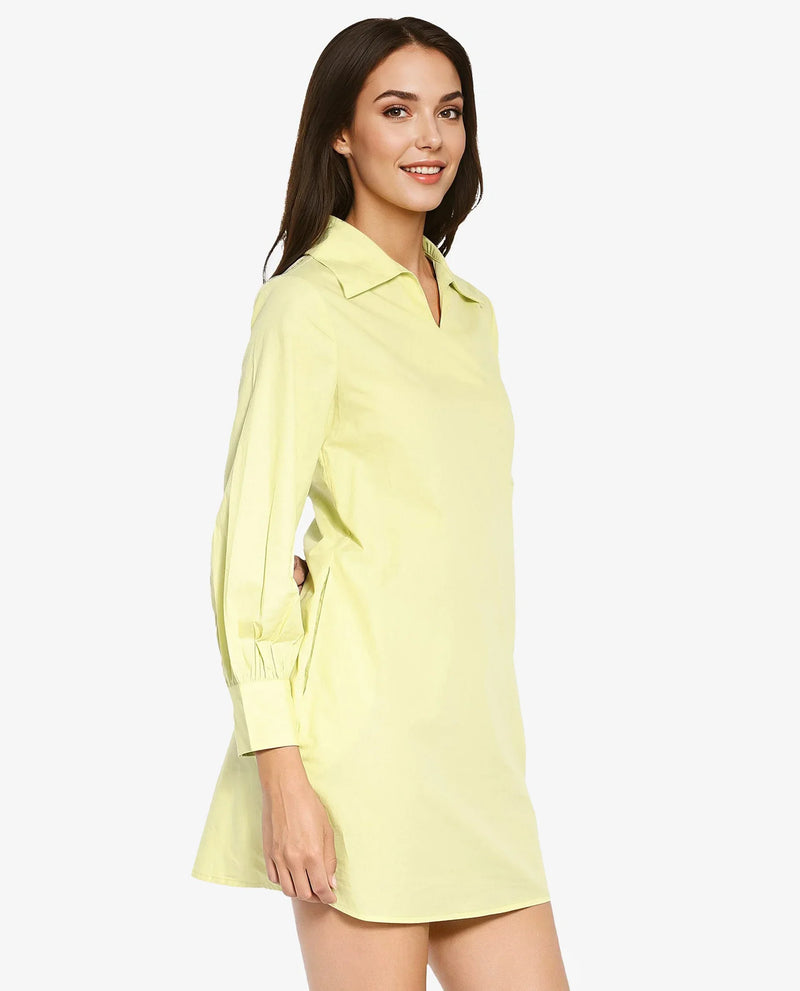 Rareism Women Earo Light Green Cuffed Sleeve Collared Neck Mini Plain Dress