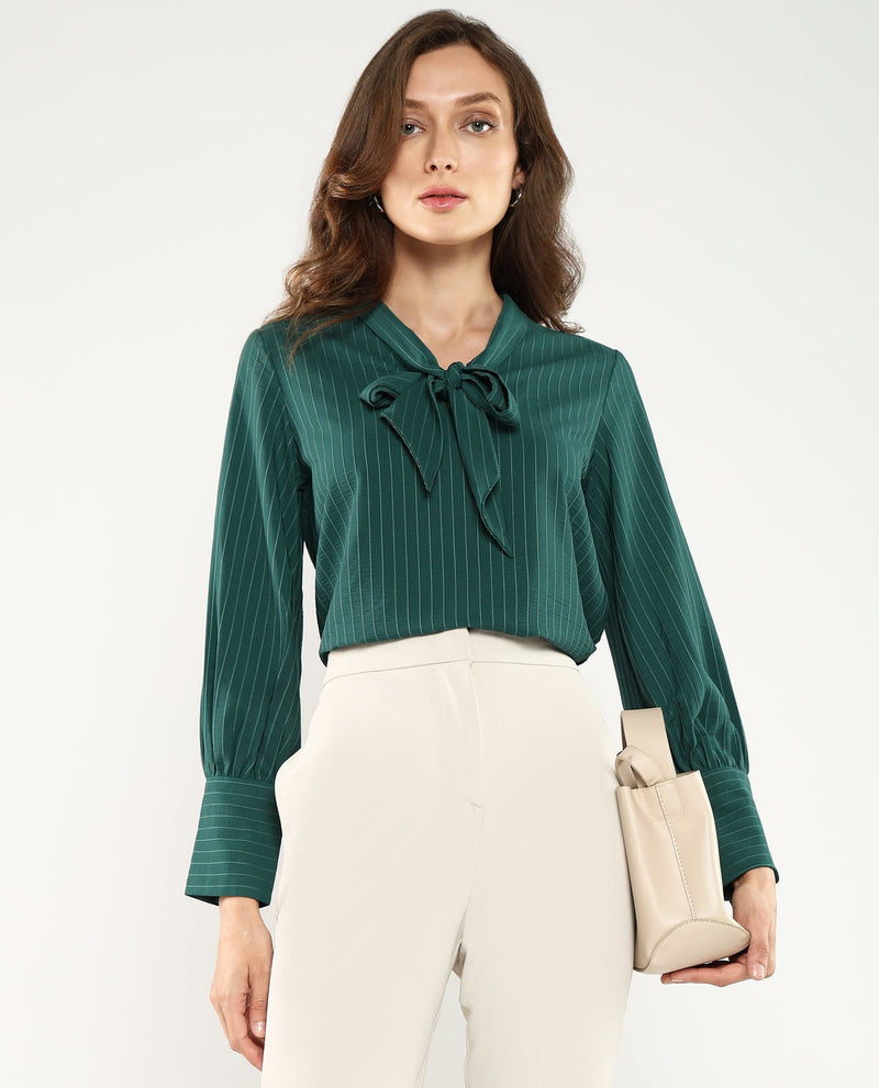 Rareism Women Eawho Green Bishop Sleeve Tie-Up Neck Plain Top