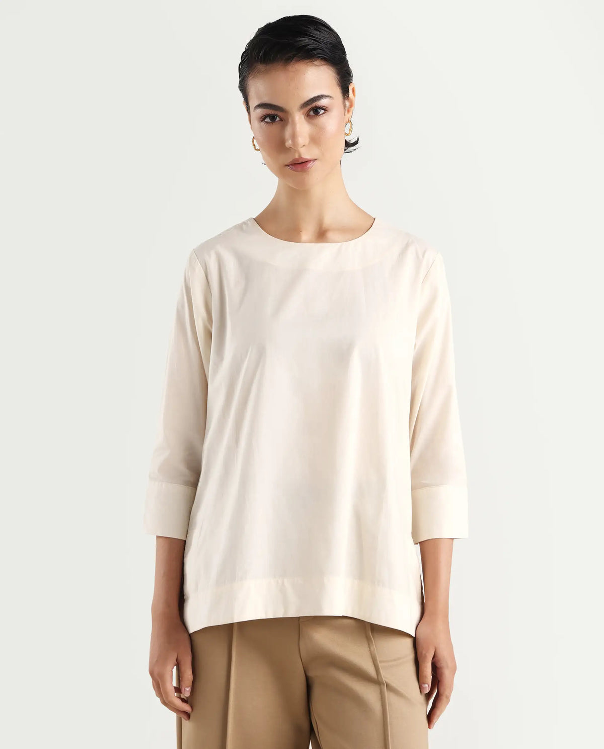 Rareism Women's Ehaan Beige Crew Neck Plain Cuffed Sleeve Regular Fit Top